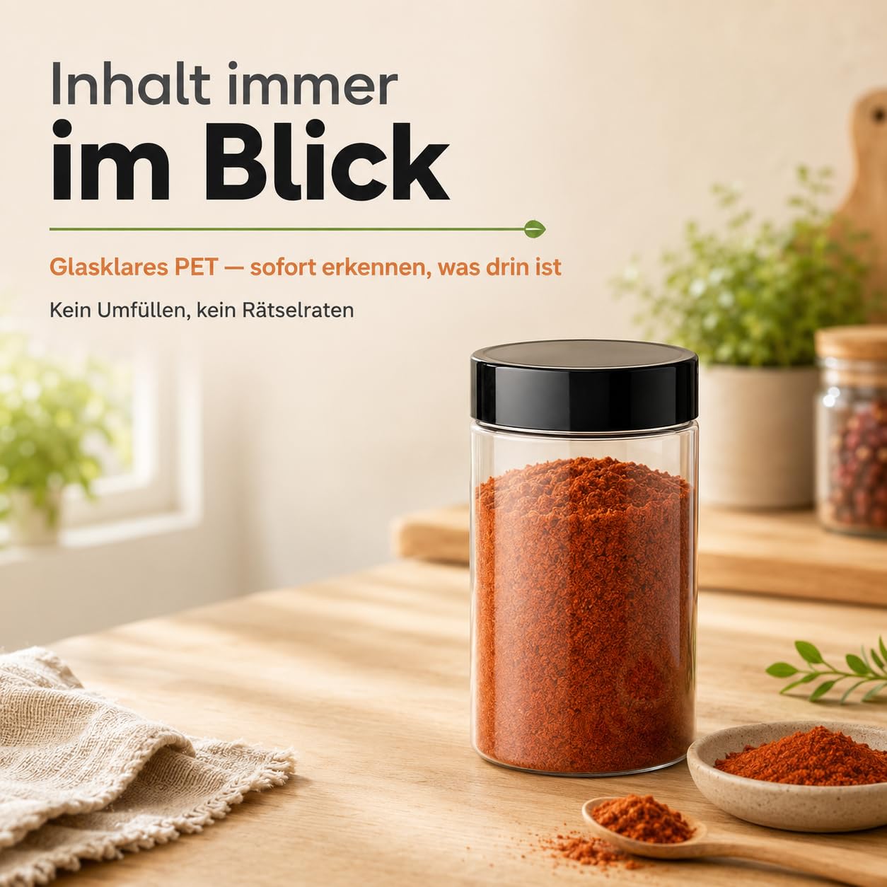 POSH Barattoli ermetici, 100 x 1 l, in PET per uso alimentare, con coperchio a vite nero, contenitori in plastica trasparente con coperchio, per farina, caffè, tè, barattolo rotondo in plastica