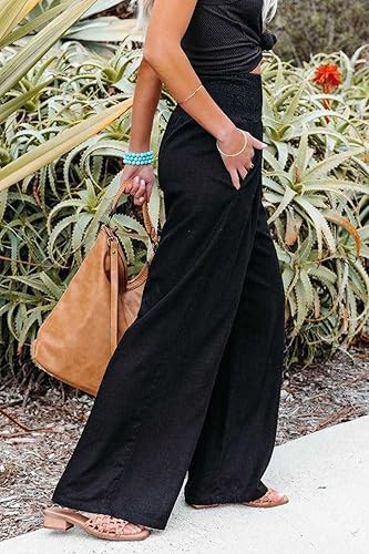 Miniatura 5 de Ru Sweet Pantalones palazzo de algodón y lino de cintura alta para mujer, pantalones largos de pierna ancha con bolsillo