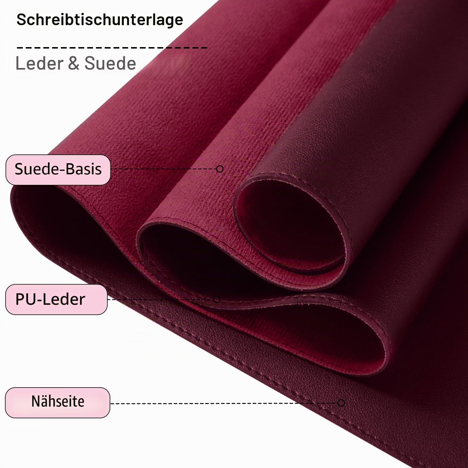 Rutschfest Schreibtischunterlage, 60 x 35 cm großes Mauspad mit Leder und Rutchfeste Wildleder, wasserfeste Laptop Tischunterlage, Tisch-Schutz Unterlag für Büro/Haus/Deko (Burgunderrot)