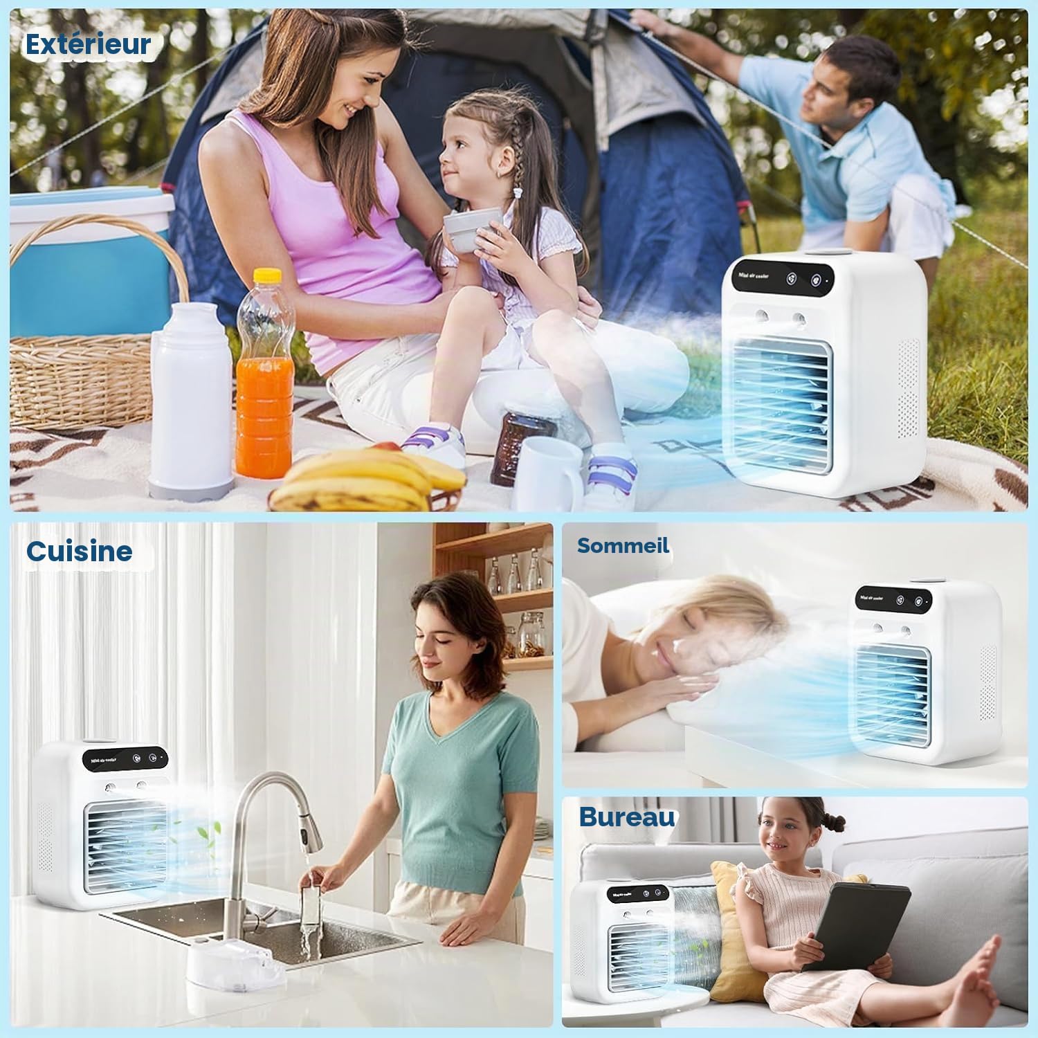 Generic Climatiseur portable, mini ventilateur USB, refroidisseur d'air, humidificateur d'air, ventilateur à 2 vitesses, deux modes d'atomisation pour la maison, le bureau et l'extérieur, blanc