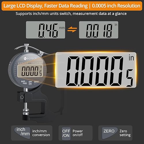 Vista 11 de Neoteck Medidor digital de grosor de 1 pulgada/1.000 in, pantalla LCD de 0.0005 pulgadas con conversión de pulgadas/mm, herramienta de medición