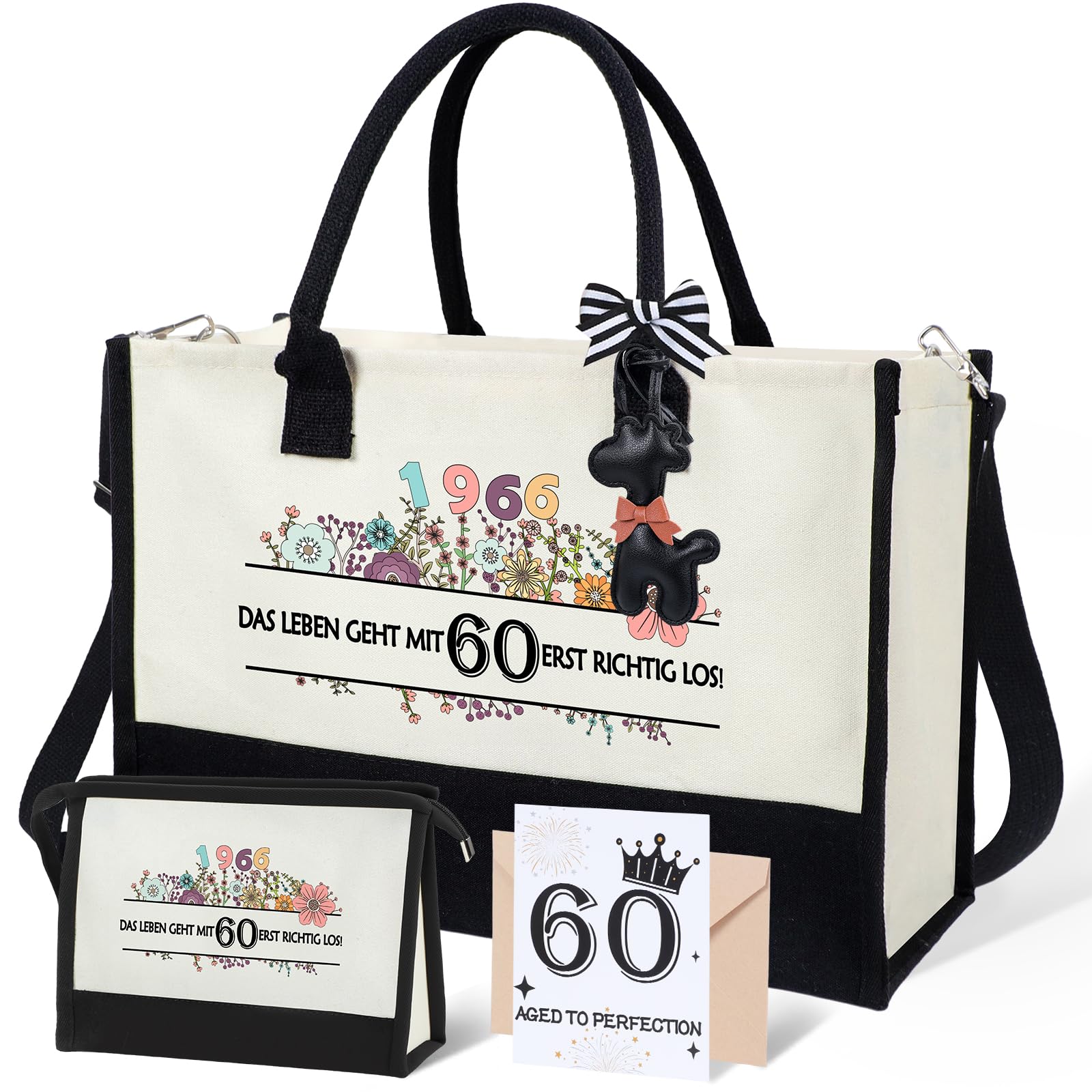 Seutgjie Geschenk Frau Rentner Geburtstag Weihnachten Canvas Tragetasche Kosmetiktasche mit Glückwunschkarte
