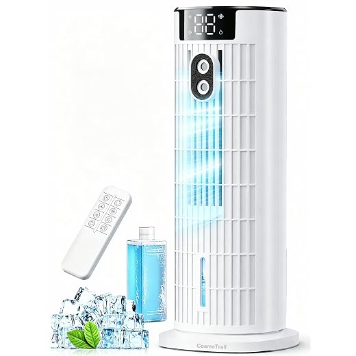 Portable Air Conditioners, 4 in 1 Evaporative Air Cooler, 1000ML Tower Fan with Remote, 3 Wind Speeds&Turbo Mode, 2 Mist,10H Timer, 90° Oscillation Portable AC for Home, Office CoamoTrail (Beige)