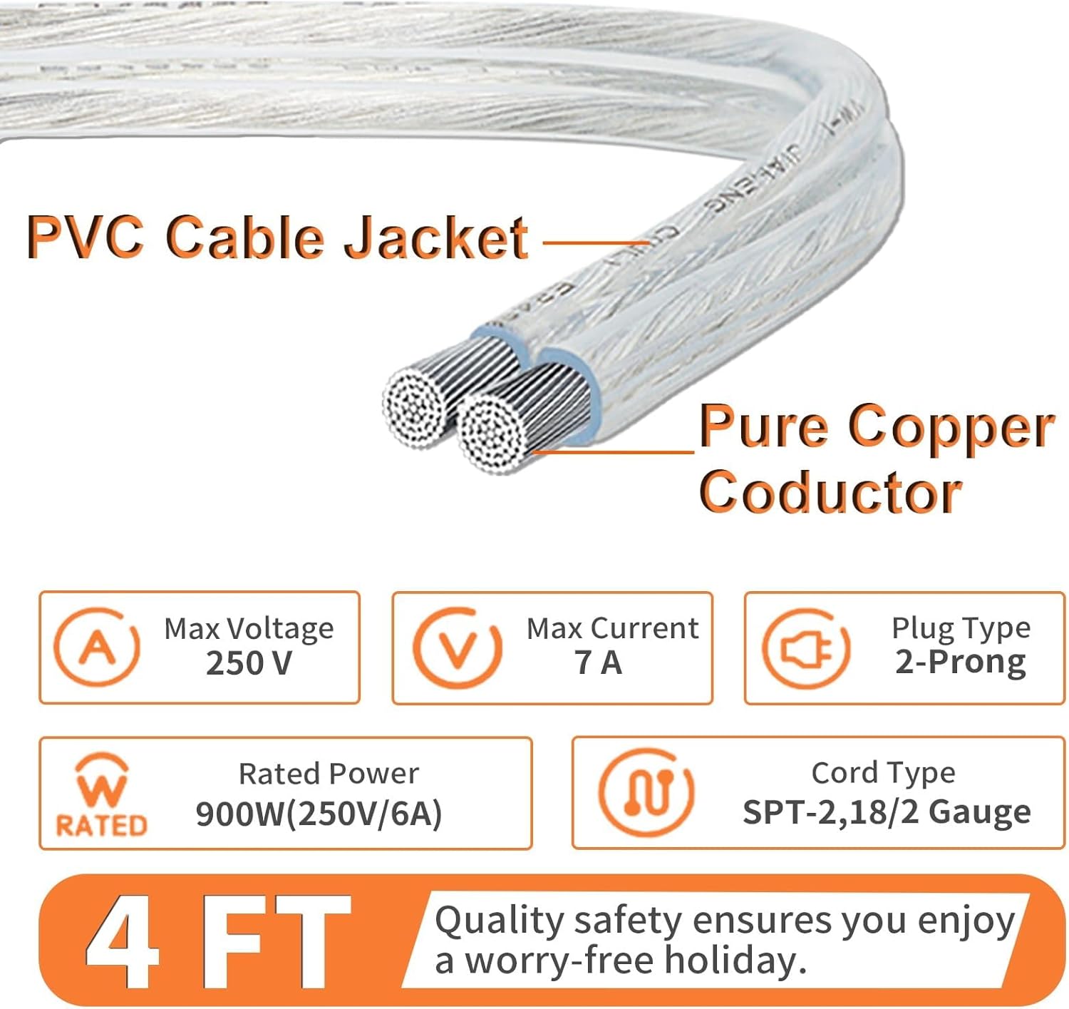 Clear Extension Cord 4ft - UL/ETL Certified 2 Prong Short Extension Cords, Lightweight & Tangle-Free Invisible Extension Cord, Polarized Male to Female Clear Extension Cords (1 Pack)