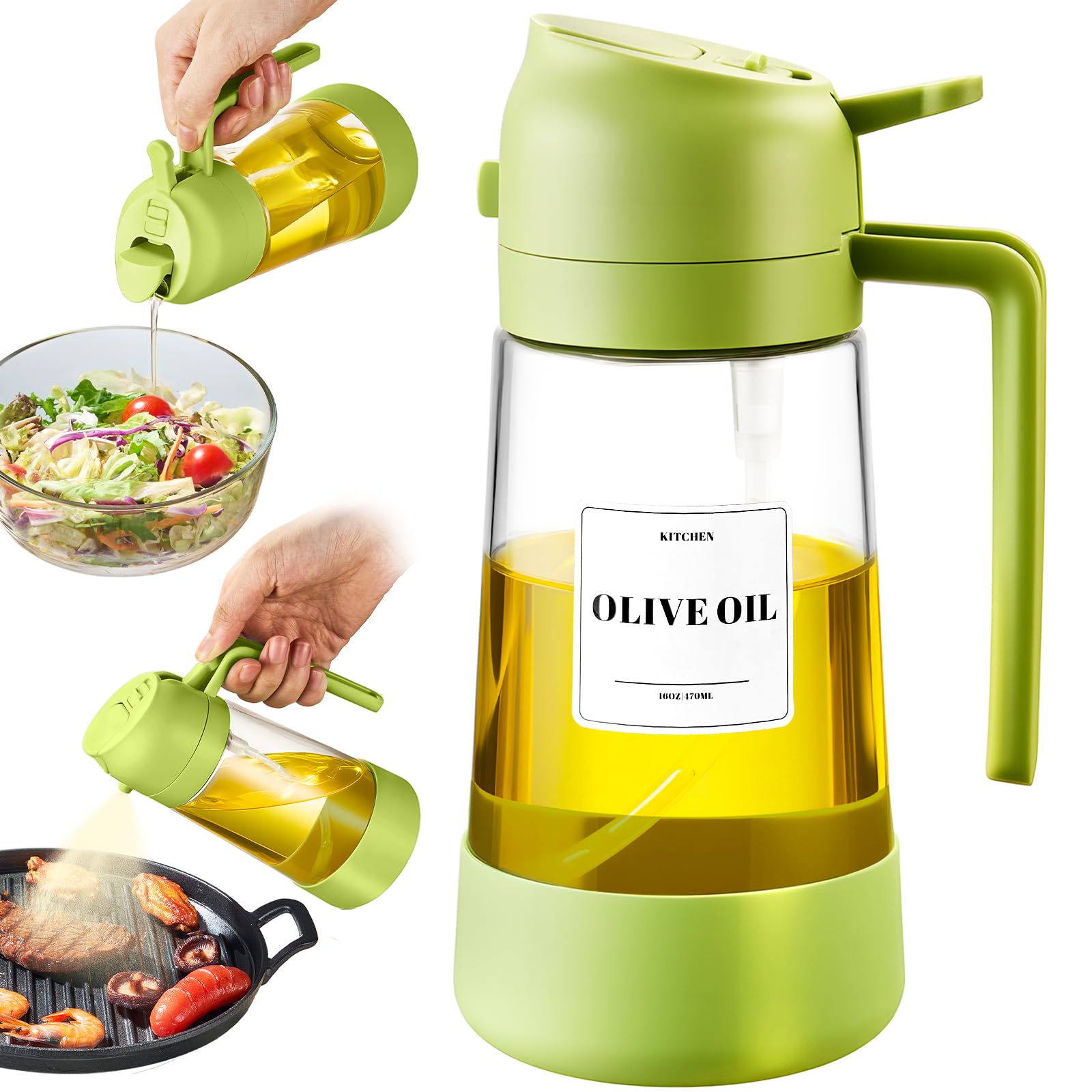 PARACITY Oil Dipenser Bottle with Silicone Bottom, 2 in 1 Olive Oil Sprayer and Dispenser, Oil Spray Bottle 500ML/ 17OZ for Cooking, Kitchen, BBQ, Air Fryer, Salad, Baking(1PC Green)