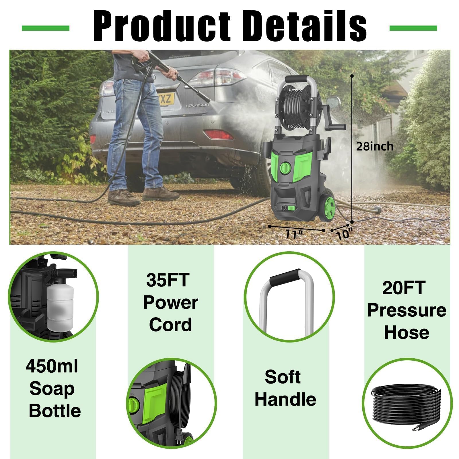 DECOKTOOL Electric Pressure Washer - 4500 PSI 2.8 GPM Electric Power Washer with 35FT Power Cord, 4 Different Nozzles, Soap Cannon for Car, Garden, Yard, House, Green - 5