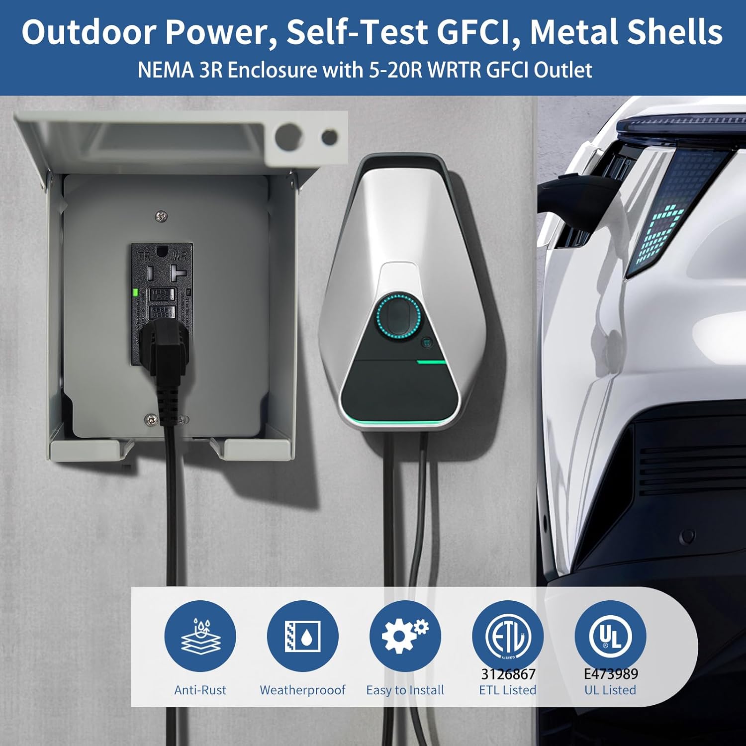 20 Amp GFCI Outdoor Electrical Outlet Box, 5-20R WRTR GFCI Receptacles, Pre-Drilled Hole NEMA 3R All Metal Enclosure, Heavy Duty, Waterproof, Lockable, for Outdoor Power Supply, ETL Listed