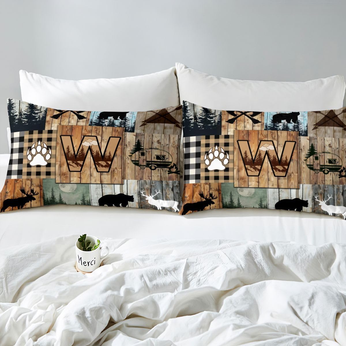 Erosebridal Hunting Bear Moose Deer Sheet Set Twin Initial Letter W Bed Sheets Rustic Cabin Lodge Camping Bedding for Kids Teen Adults,Western Farmhouse Bear Paw Print Bed Sheets Set 3 Piece