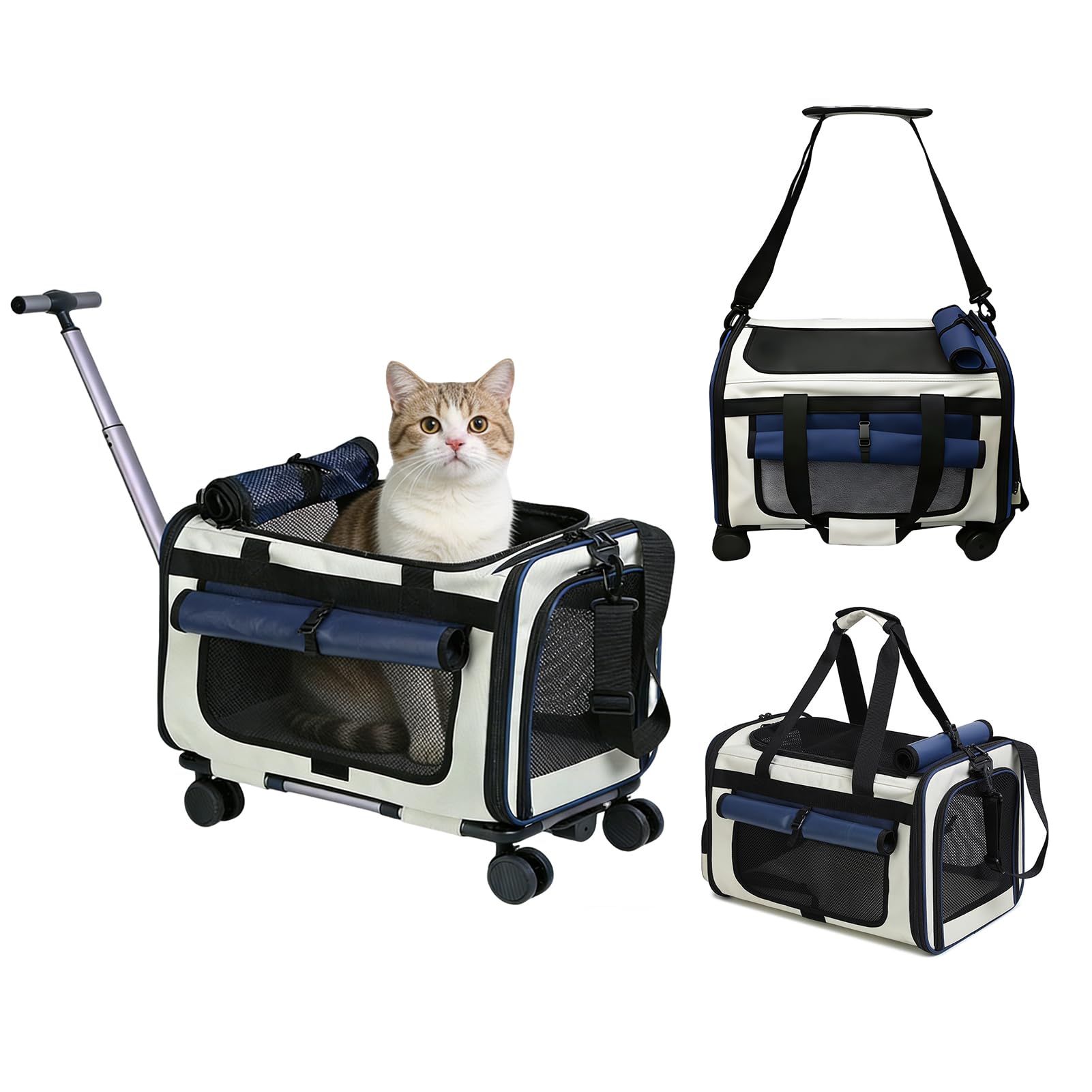 Expandable Pet Carrier with Wheels for Small Dogs and Cats,Airline Approved Rolling Cat Carrier with Removable Platform,18”X11”X14”,Foldable Soft-Sided Travel Bag Fits Under Seat,Up to 16 lbs(Blue)