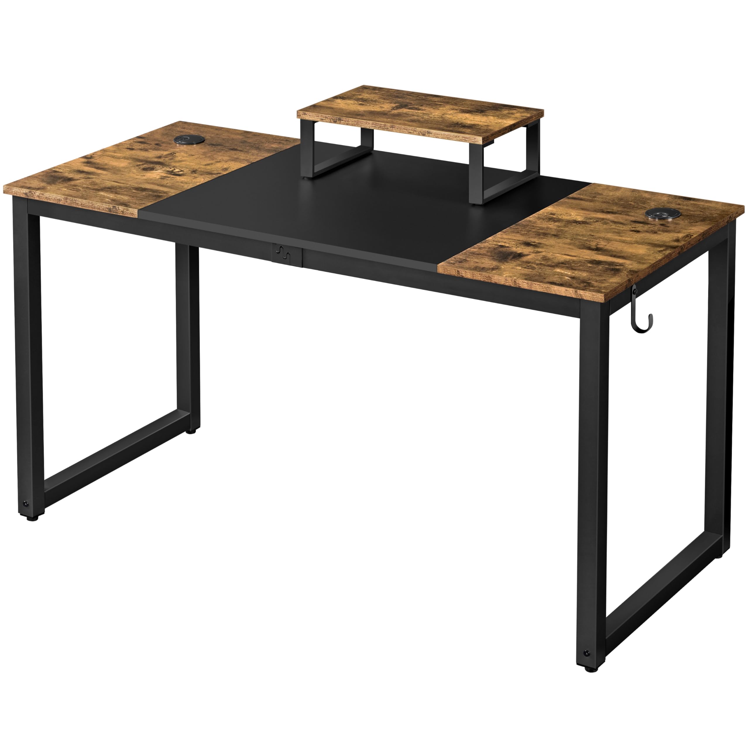 Yaheetech Mesa Escritorio con Soporte Monitor Mesa de Ordenador de Estilo Industrial Mesa Oficina Estudio con 2 Ojales para Cables/Gancho Marrón Rústico 140x60x89cm