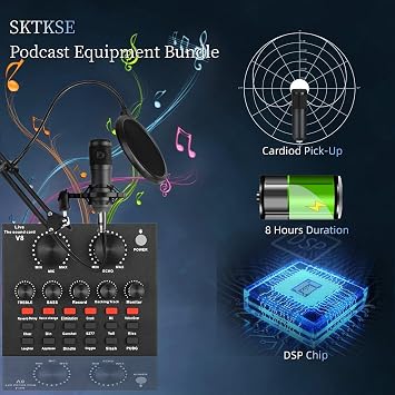 SKTEET Podcast Equipment Bundle, with BM800 Podcast Microphone and V8 Sound Card, Voice Changer - Audio Interface -Perfect for Recording, Singing, Streaming and Gaming (V8-Black)
