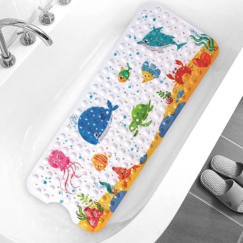 Alfombra de baño para niños, extra larga, antideslizante, con ventosas y orificios de drenaje, 39 x 15 pulgadas, lavable a máquina, para baño, suelo