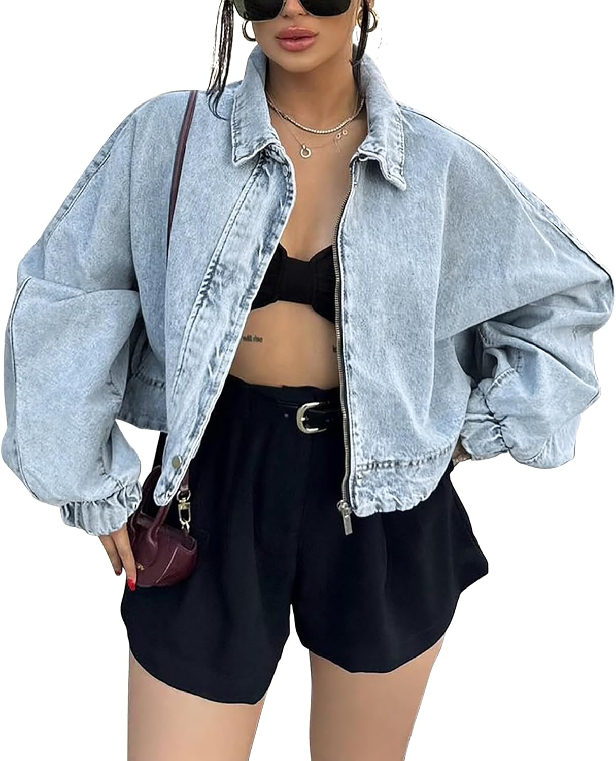 Qazel Vorrlon Womens Oversized Cropped Denim Jacket Zip Up Light Wash Blue Bomber Shacket Jean Jacket for Women Trendy 2025