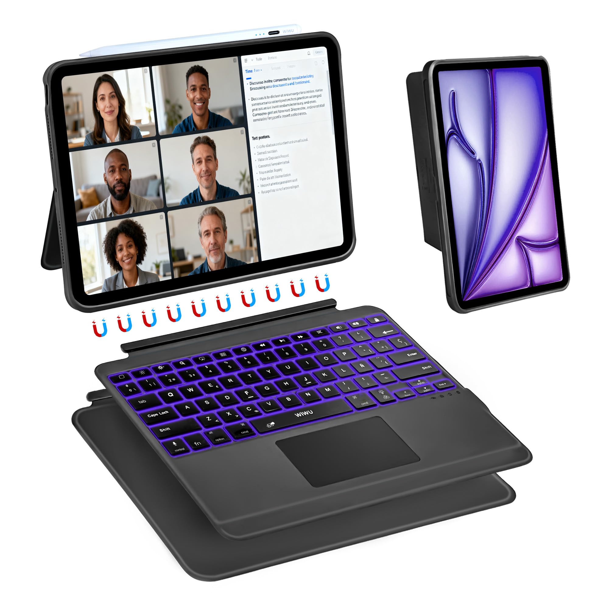 WIWU Funda con Teclado iPad Pro 12.9 Air 13 M4/M3/M2 Carcasa Magnética 3 en 1 Desmontable Soporte Ajustable Teclas Retroiluminadas 7 Colores (Negro, iPad Air 13" M4/M3/M2 iPad Pro 12,9" 6/5/4/3)