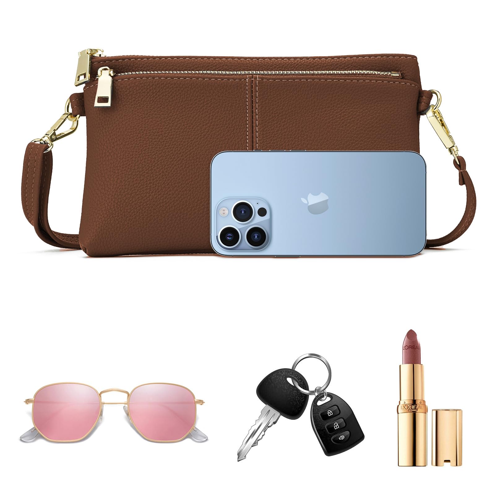 ZOOEASS Triple Zip Small Crossbody Bag Lightweight Purses Vegan Leather Wristlet Clutch, Includes Adjustable Shoulder | Triple Zip, Small, Lightweight, Vegan Leather