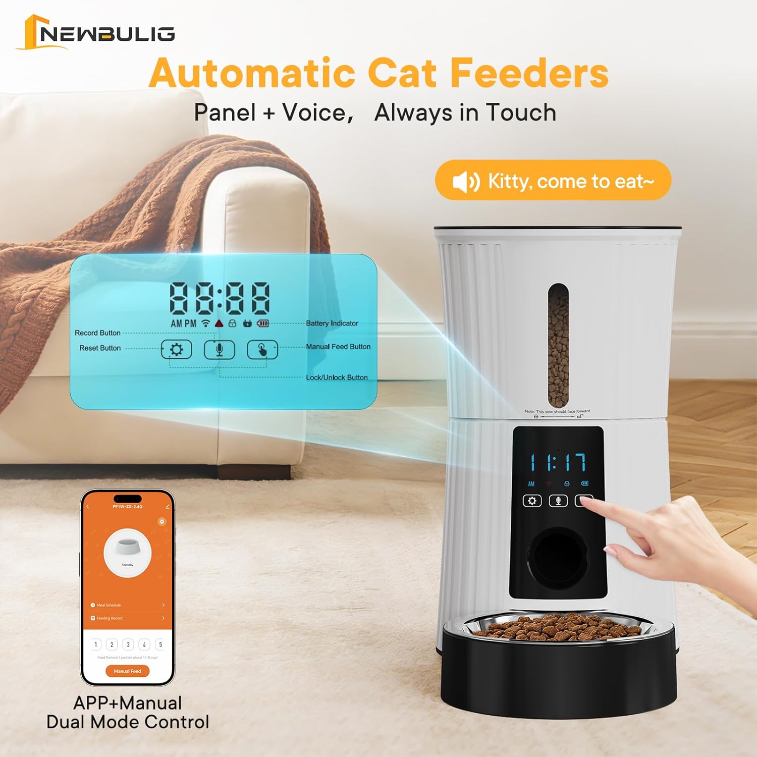 NEWBULIG Automatic Cat Feeder, 4L Timed Pet Feeders with 10s Voice Recorder, Dog Food Dispenser with APP Control, Dry Food, 10 Meals, Programmable 50 Portions, Dual Power Supply, Desiccant Bag