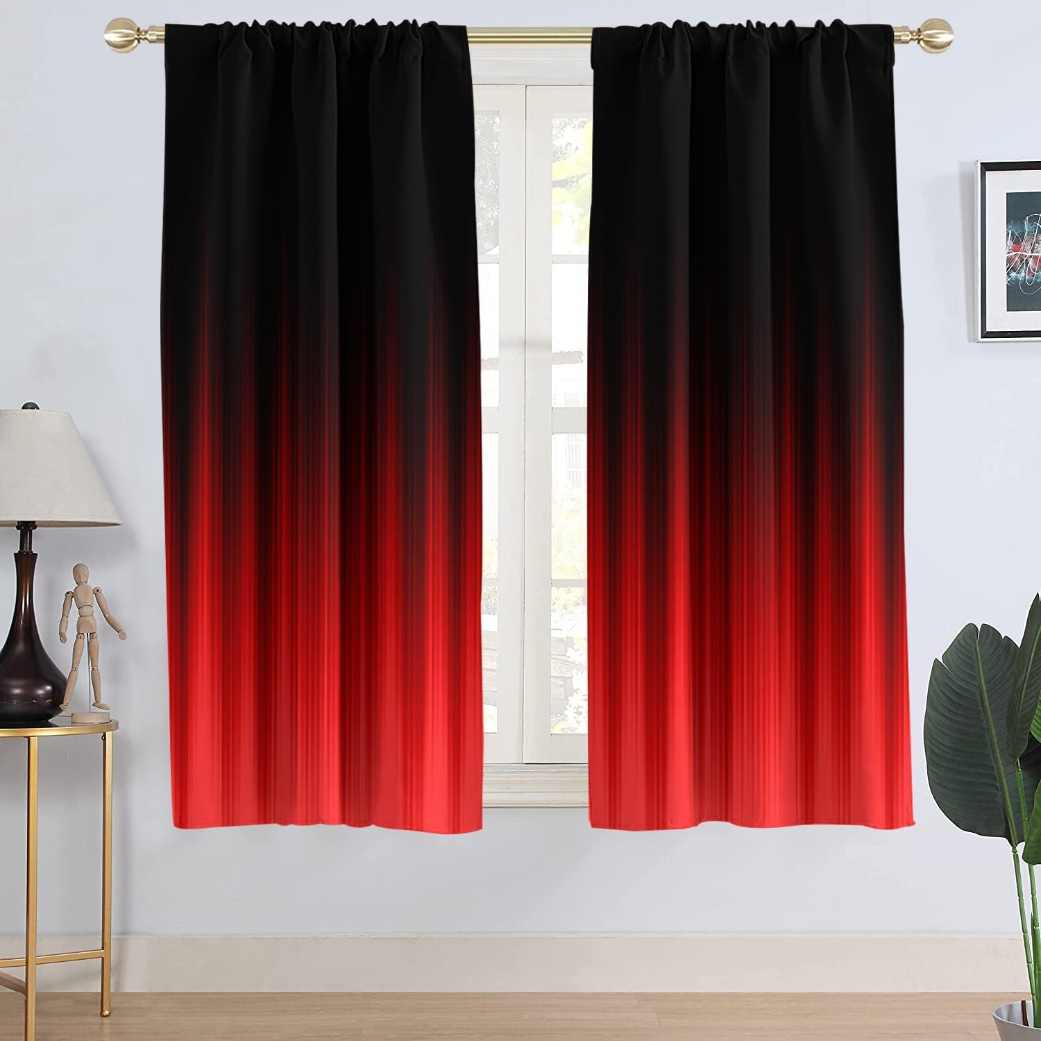 AAtter Red and Black Window Curtain Abstract Boys Ombre Striped Boho Simple Gradient Teen Men Art Aesthetic Living Room Bedroom Drapes Treatment