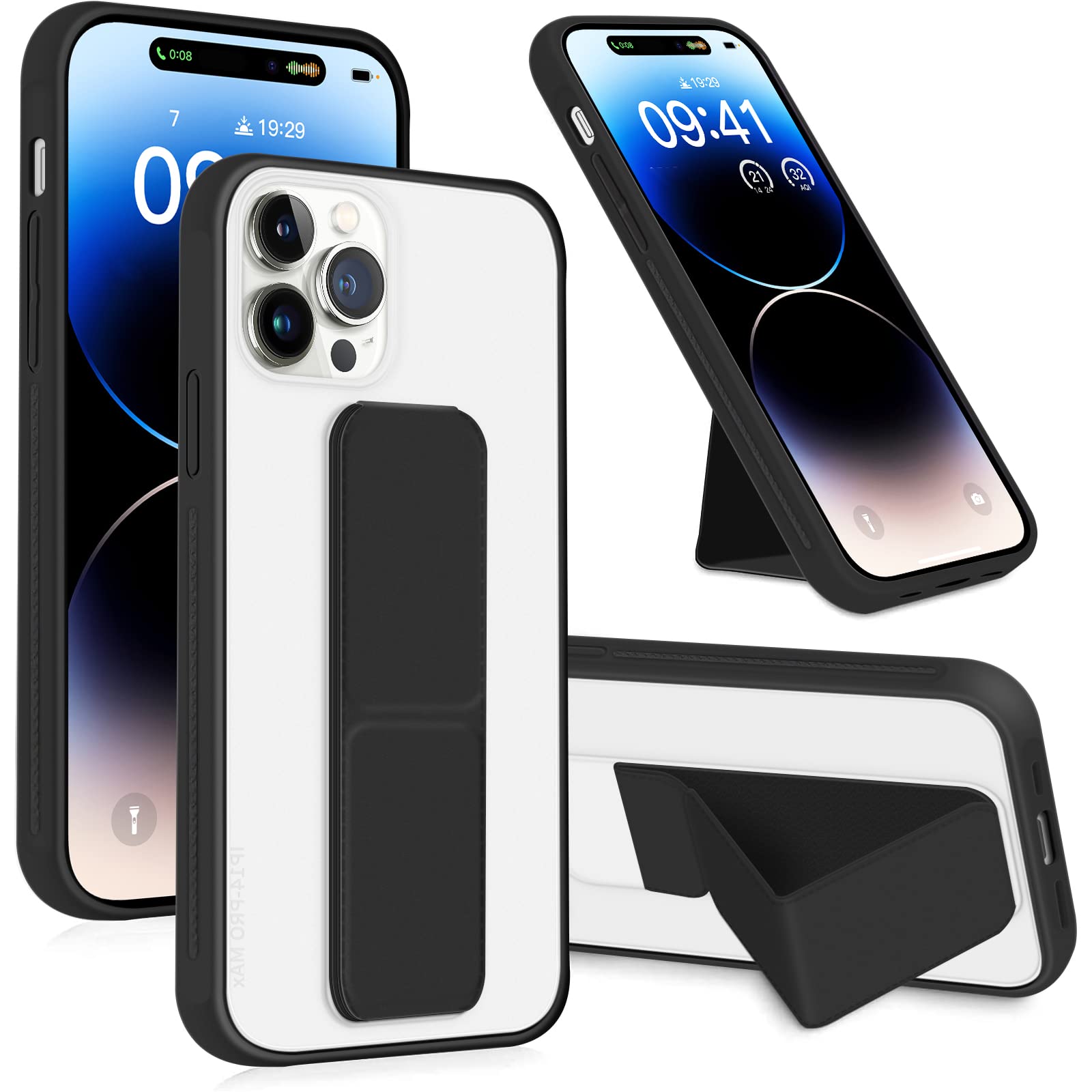 INFOSUN for iPhone 14 Pro Max Case Stand Cover Matte Cases with Frosted Back Hand Grip Kickstand Cover Holder Shockproof Translucent Design for iPhone 14 Pro Max (6.7 Inch) (2022) (Black)