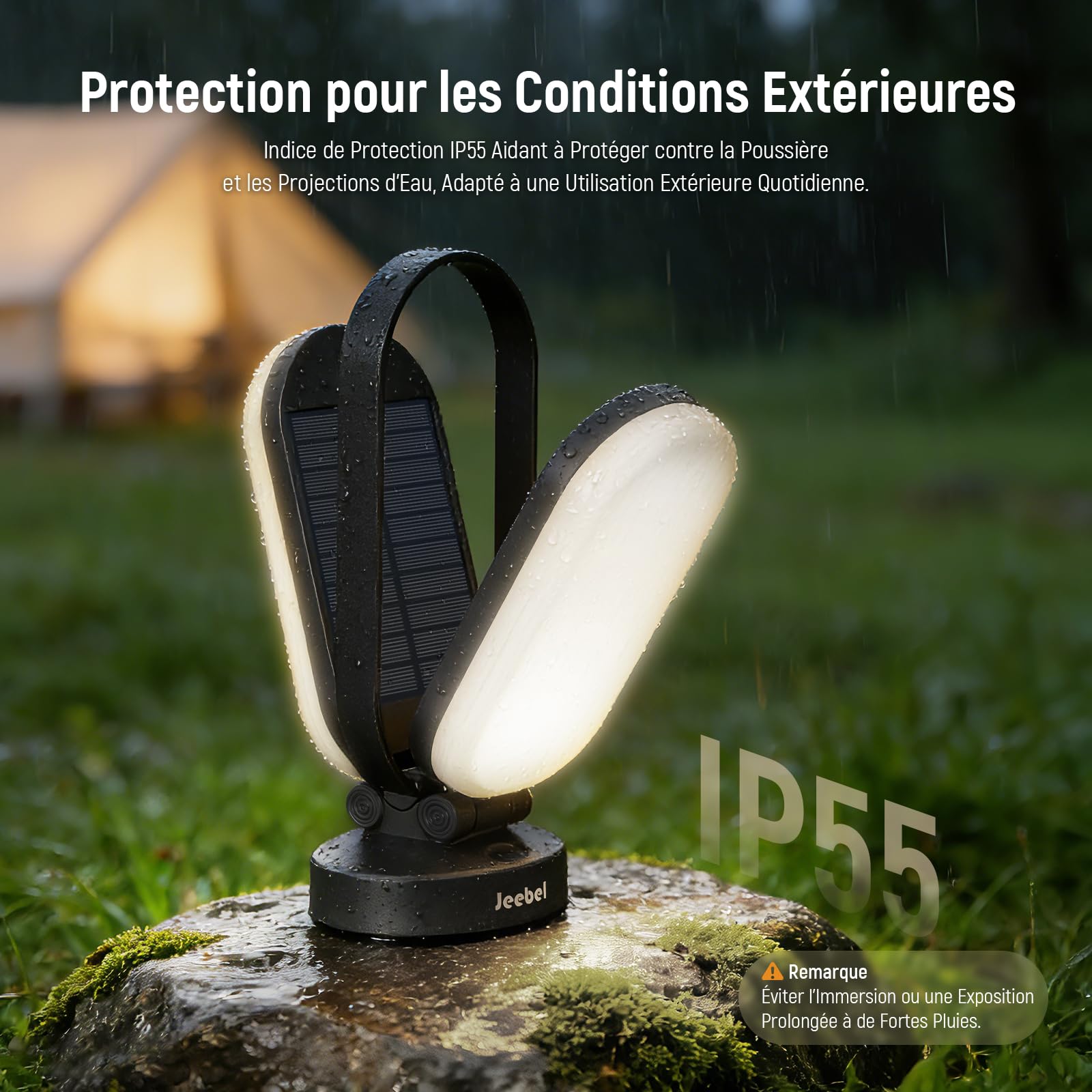 Jeebel Lampe de Camping Solaire, Lanterne LED Rechargeable Pliable avec Batterie Externe 5000mAh, Dimmable Tactile, 4 Modes, IP55, Lumière Tente pour Extérieur/Randonnée/Urgence/Pannes/Courant (Noir)