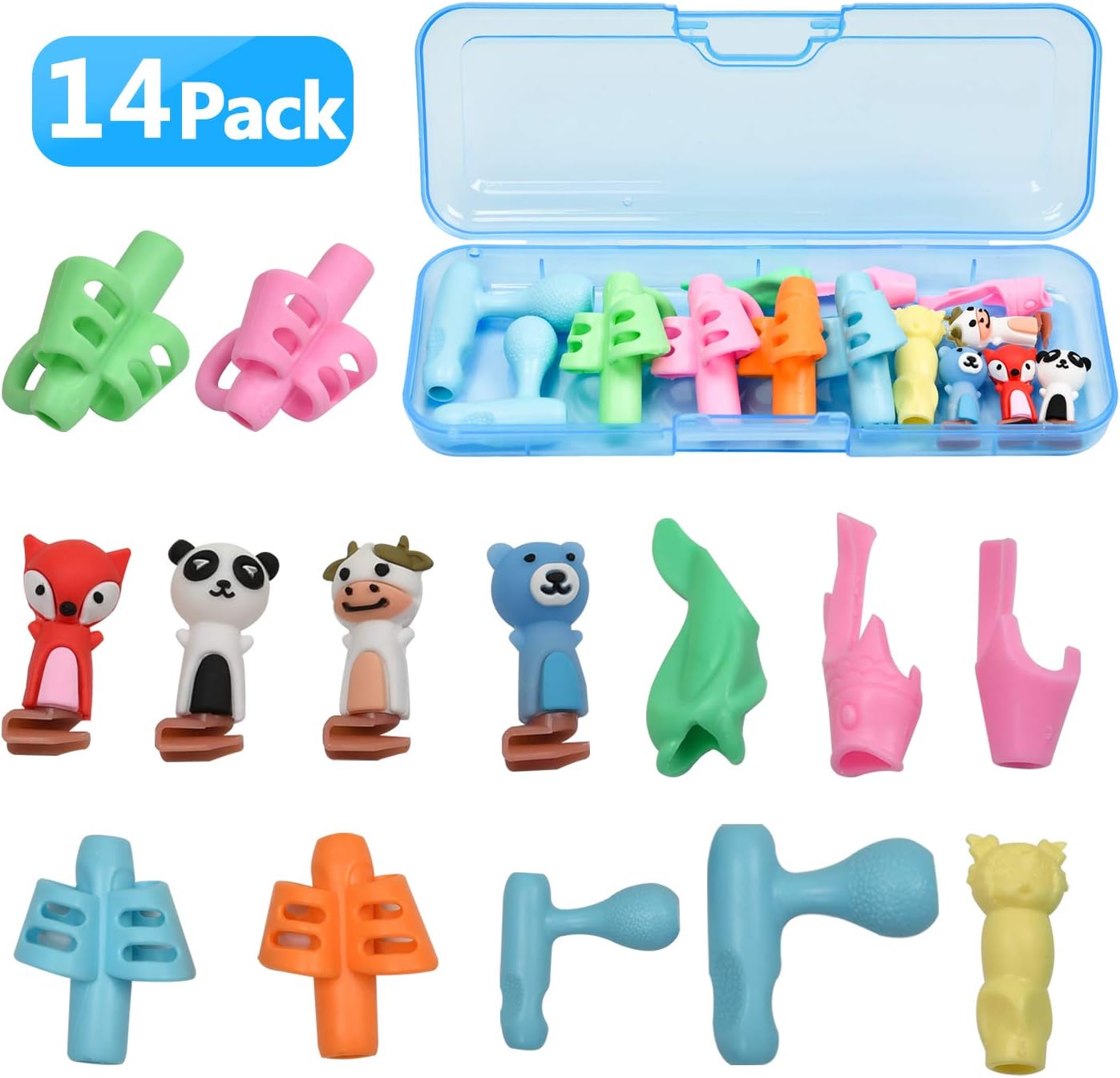 Pencil Grips for Kids Handwriting Children Pen Writing Aid Grip Set Professional 6-Stage Posture Correction Tool for Kids Preschoolers Children with Pencil Case(14PCS)