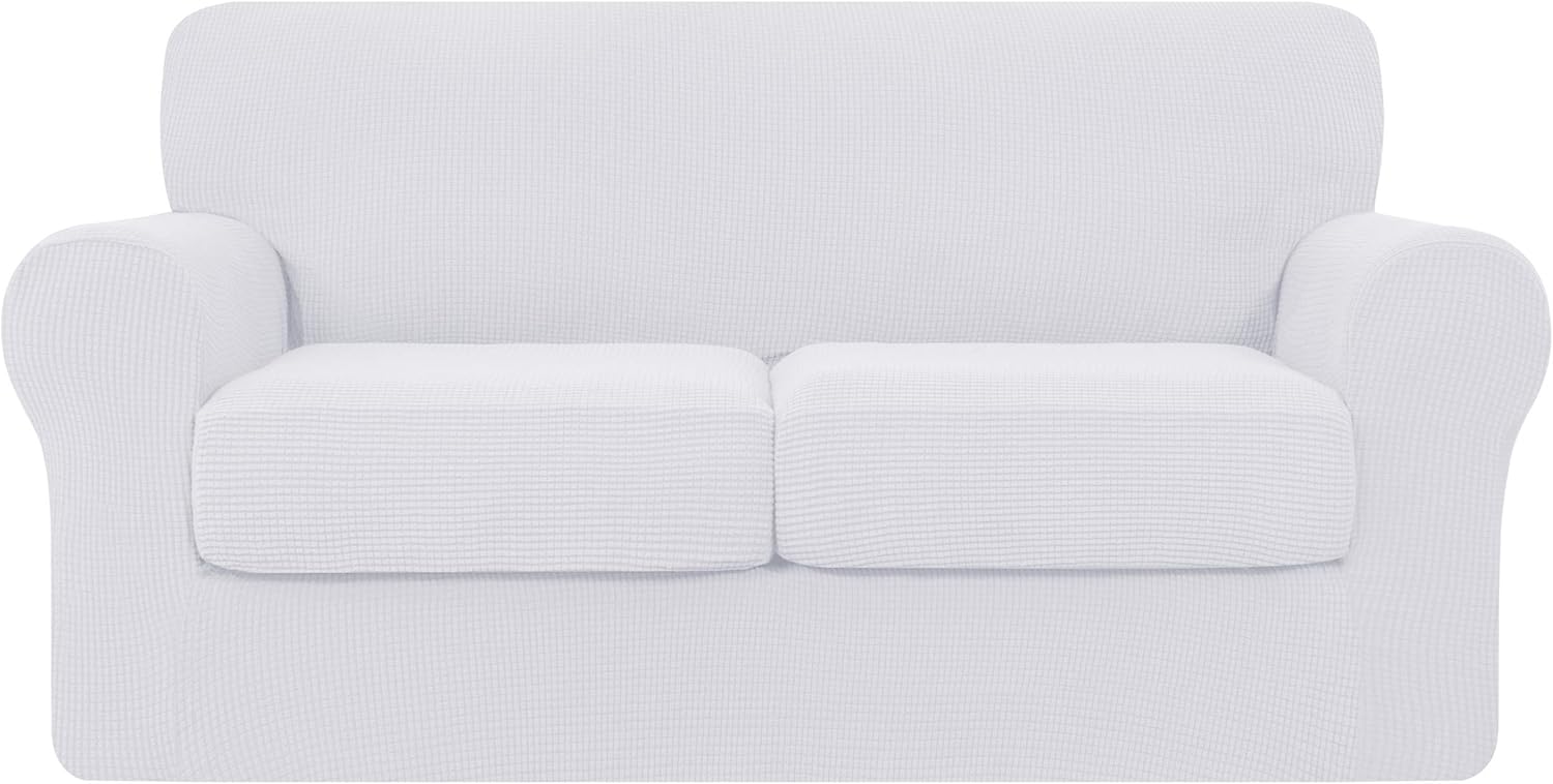 Hokway Couch Cover for 2 Cushion Couch 3 Piece Stretch Sofa Slipcovers with Separate Cushion for 2 Seater Couch Furniture Covers for Kids and Pets in Living Room(Medium,White)