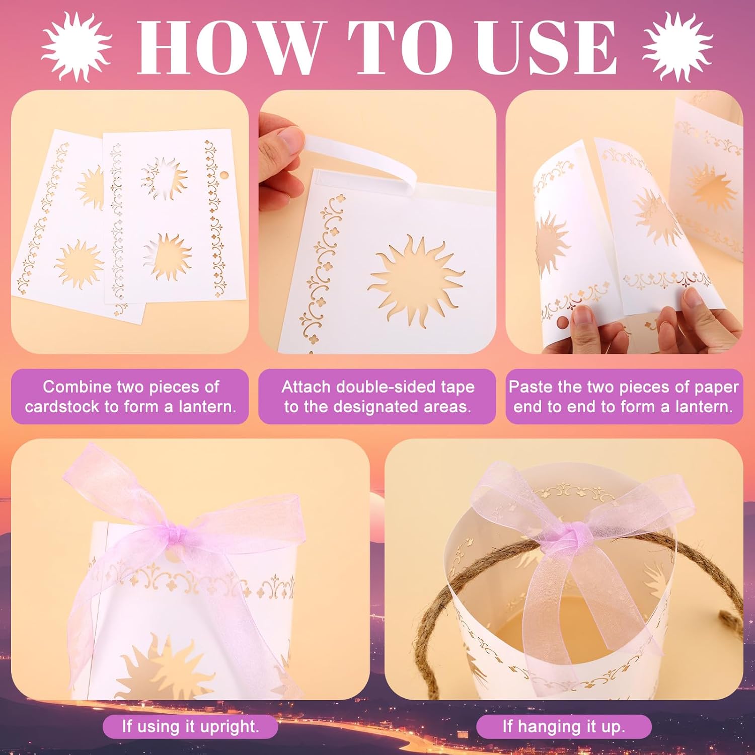 20 Pack Princess Sun Hanging Lanterns DIY Kit Paper Square Round Lantern Sun Cutouts White Lanterns with Hemp Rope Purple Ribbon for Birthday Wedding Garden Photo Backdrops