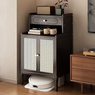 Robot Vacuum Cabinet, Bamboo End Side Table, Sweeping Robot Storage Cabinet with Doors and Drawers, for Living Room Home Office Kitchen Black