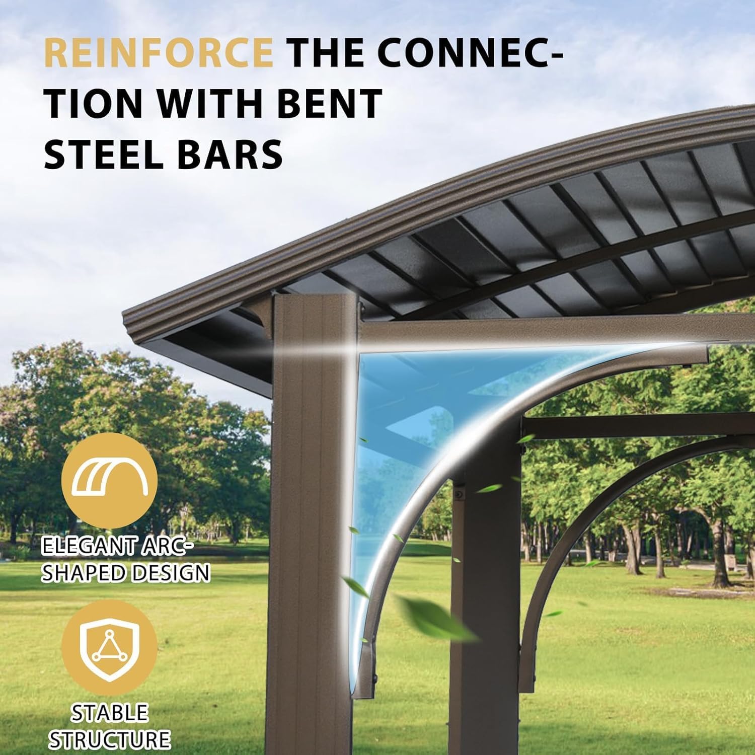 Close-up of the gazebo's reinforced connection with bent steel bars, highlighting the elegant arc-shaped design and stable structure.
