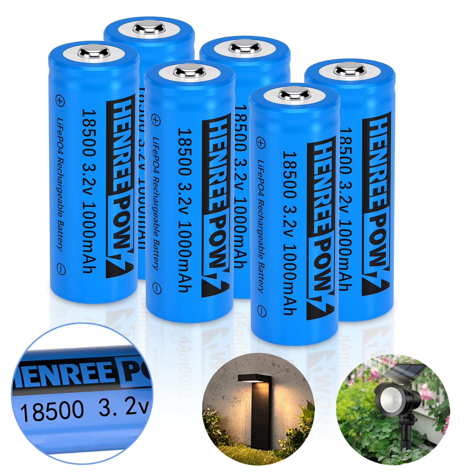 Henreepow 18500 3.2v LiFePo4 Rechargeable Battery, 3.2v LiFePo4 Rechargeable Battery 1000mAh for Outdoor Garden Solar Lights, Flashlight (18500-3.2v-