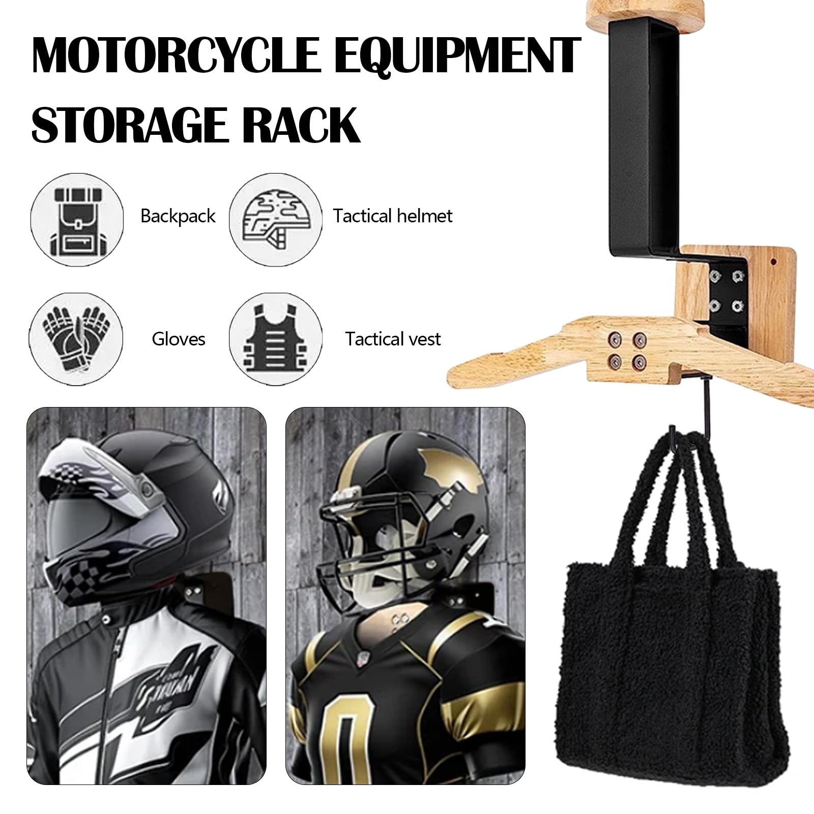 Support Casque Moto, Porte Casque Moto Mural pour Accrocher Le Casque et la Veste de Moto au Mur Porte Manteau Moto Porte-Casque Mural en Bois Organisateur Mural Polyvalent pour Moto