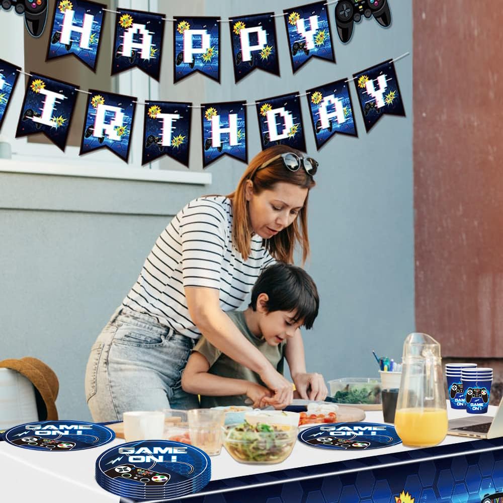 YGCHEN Jeu vidéo - Vaisselle de fête pour anniversaire d'enfant - Jeu de vaisselle - Gobelets en carton - Assiettes en carton - Serviettes de table - Décoration d'anniversaire pour 10 personnes - Bleu