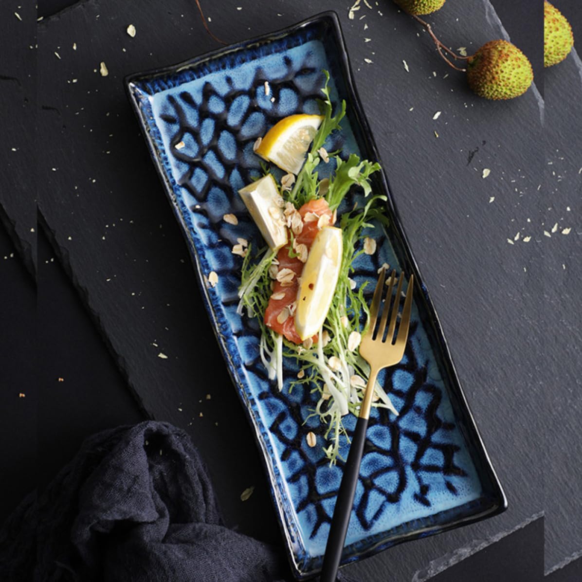 Assiette à Sushis en Relief, de Pâtes en Céramique Bleue Ambiance Noël