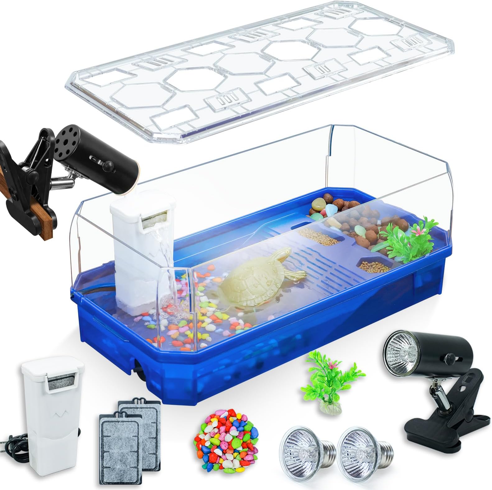Aquatic Turtle Tank Habitat Kit Stone+Filter+Heat Lamp Enhancing Interaction with 360° Viewing, Standalone Filtration, DIY Creative Zone, Enriched Living (Blue, Large[with Light])