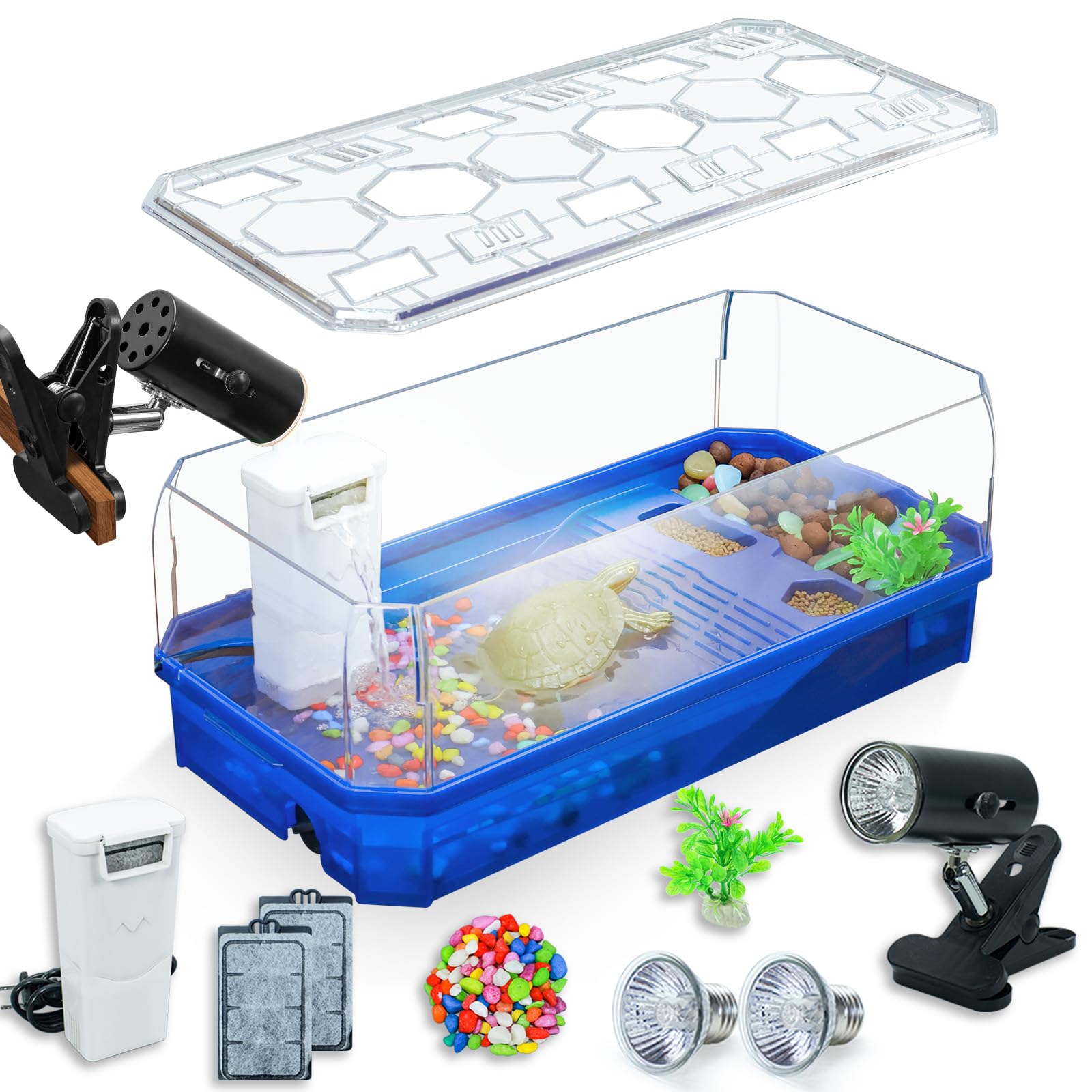 Aquatic Turtle Tank Habitat Kit Stone+Filter+Heat Lamp Enhancing Interaction with 360° Viewing, Standalone Filtration, DIY Creative Zone, Enriched Living (Blue, Large[with Light])