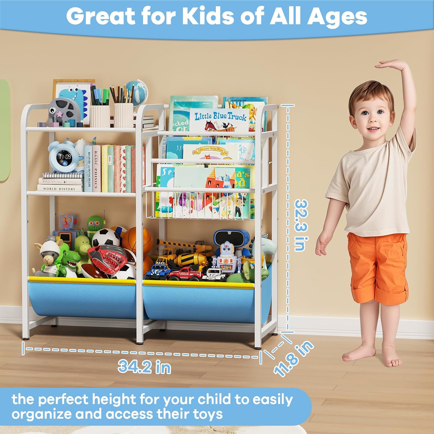 3 in 1 Kids Bookshelf and Toy Storage Organizer, Baby Montessori Bookshelf Book Organizer for Kids, Toddler Book Display Shelf Ideal for Classrooms, Playrooms and Nurseries (Light Blue) - Image 2