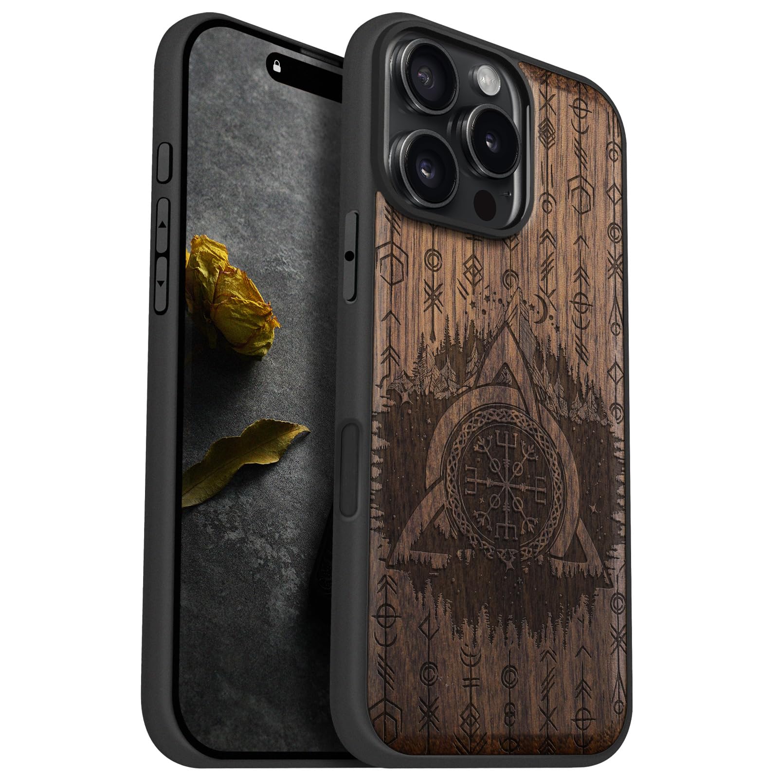 Carveit Magnetic Wooden Case for iPhone 16 Pro Max Case, Wood Artisan Engraved & Black Soft TPU Shockproof Cover, Compatible with MagSafe (Celtic