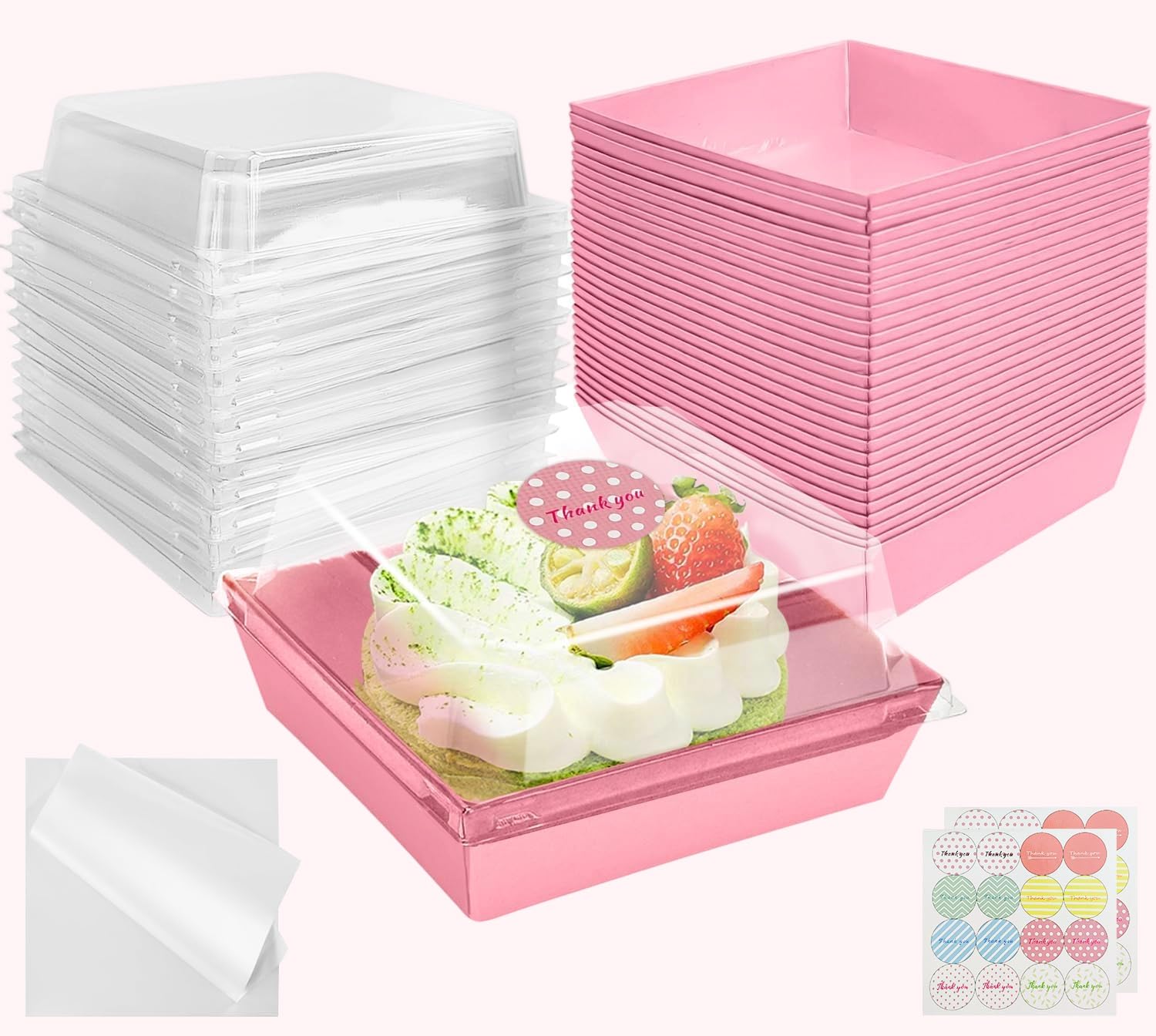 CoKeeSun 30PCS Cake Slice Boxes with Clear Lids, 5Inches Reusable Boxes for Cake Portions, Charcuterie Box with Baking Paper and Sticker, Takeaway for Sandwiches, Dessert, Cookie (Pink)