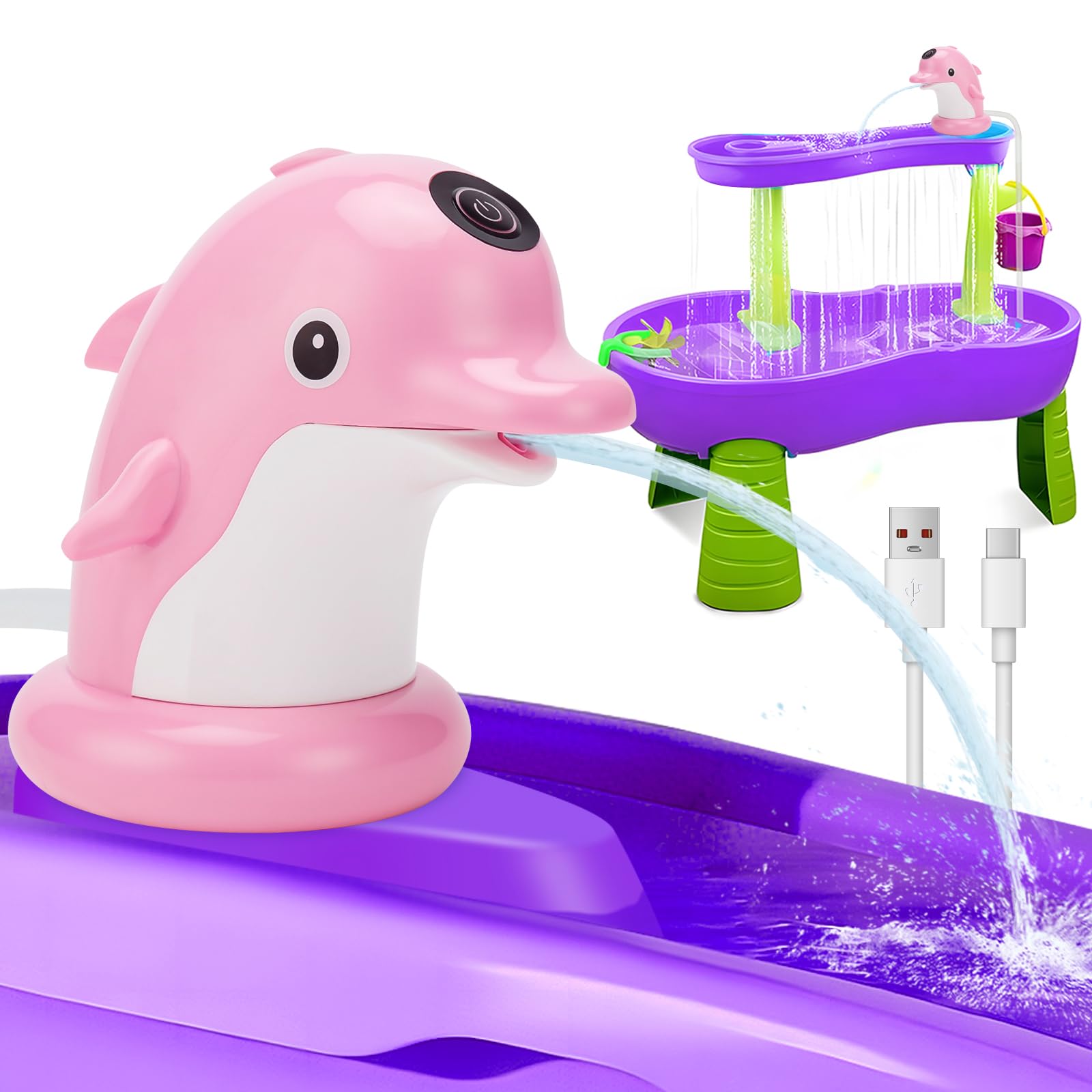 Ainibar Water Table Pump, Dolphin Battery Powered Water Pump for Water Table 3 Hours Non-Stop Fun Summer Outdoor Sand/Water Table Toy Outside Water Play Table Accessories for Toddlers Kids (Pink)
