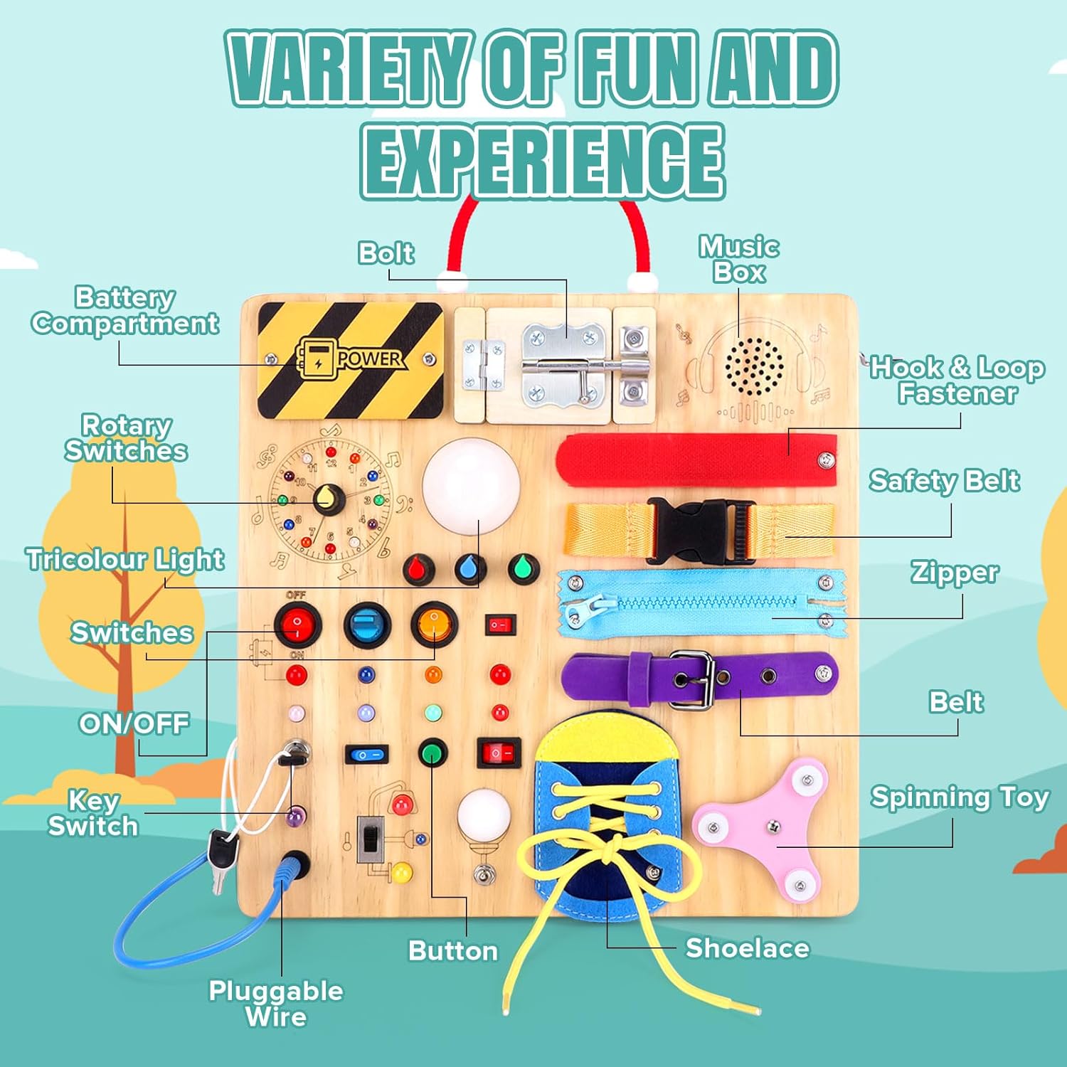 Busy Board 23 in 1 Montessori Toy for Toddlers Age 1 to 3 Wooden Educational Learning Toy with 15 Switches 26 LED Lights Music Box Lock Zipper Sensory Toy for Soothing Infants