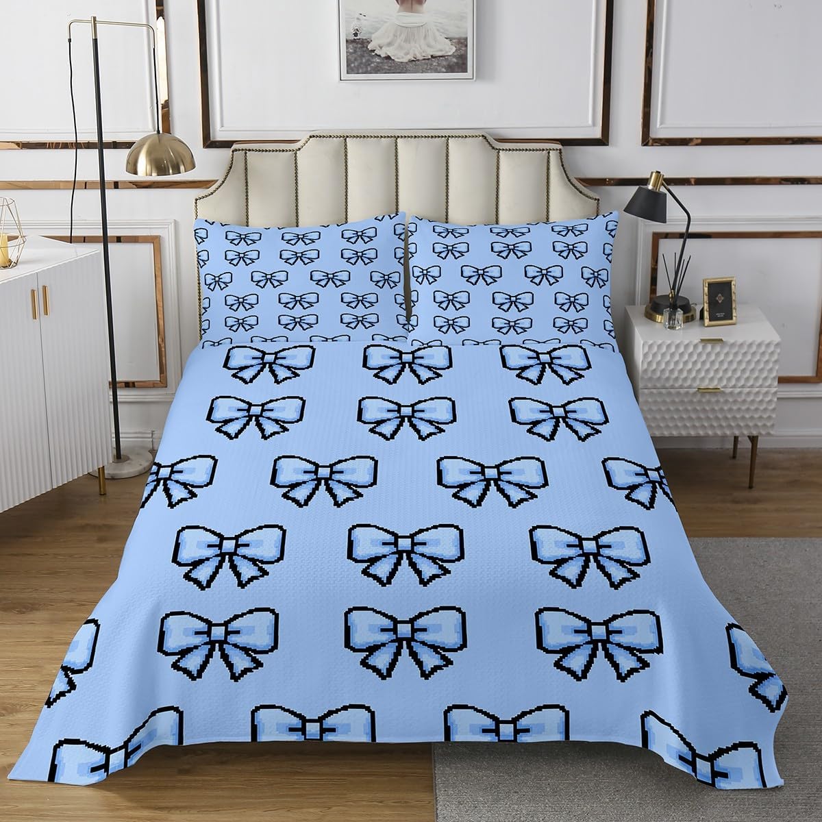 Princess Bow Tie Butterfly Knot Bedspread King,Cartoon Pixelated Theme Blue Bow Quilted Coverlet 3pcs for Adults Teens Room Decor,Bowknot Soft Breathable Bedding Quilt