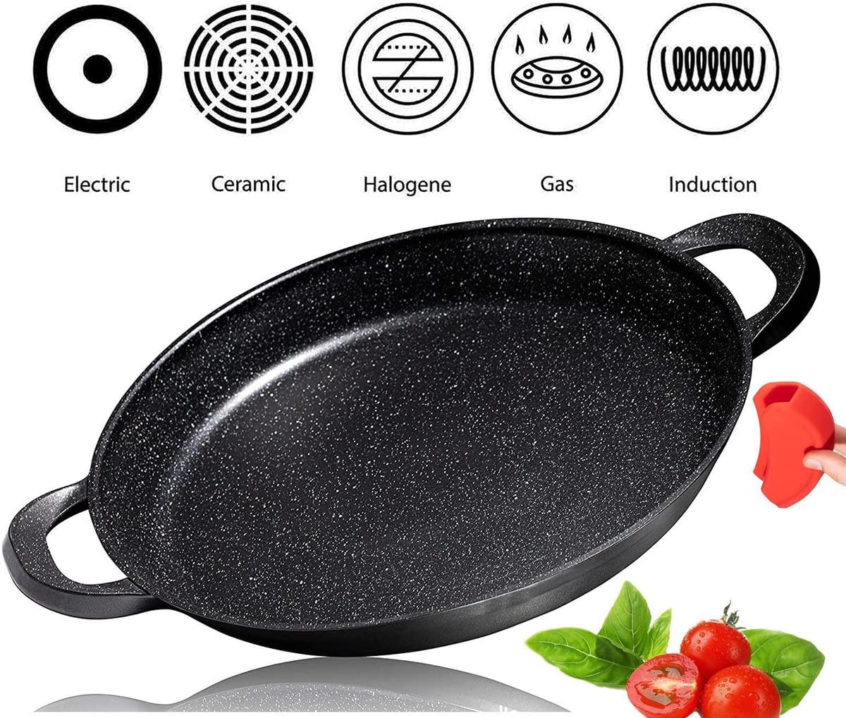 Patelnia Paella – niemiecka powłoka nieprzywierająca GREBLON powłoka marmurowa – 36 cm – do indukcji i wszystkich rodzajów ciepła – ze zdejmowanymi silikonowymi uchwytami.