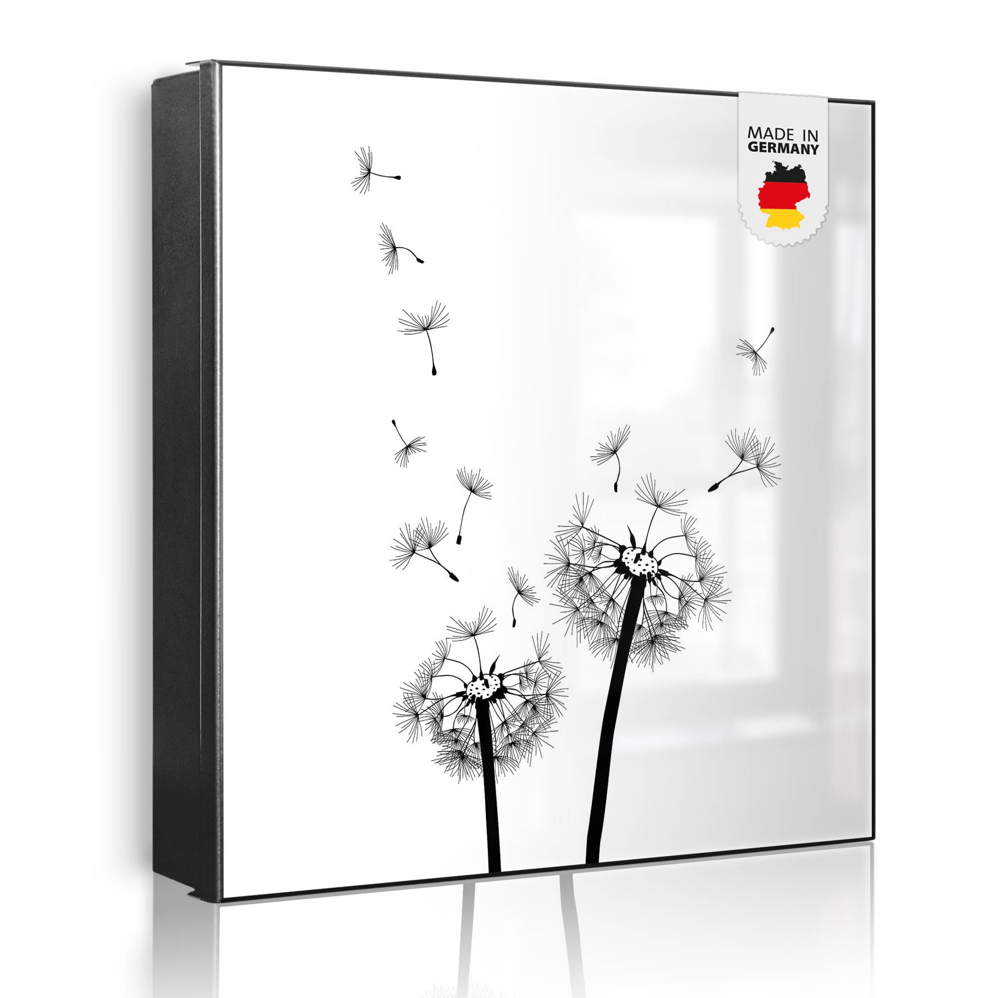banjado Großer Schlüsselkasten Metall - Schlüsselbox 30x30cm beschreibbarer mit 32 Haken - Schlüsselkasten modern für Schlüsselaufbewahrung - Korpus Schwarz Scharnier Rechts - Motiv Pusteblume 2