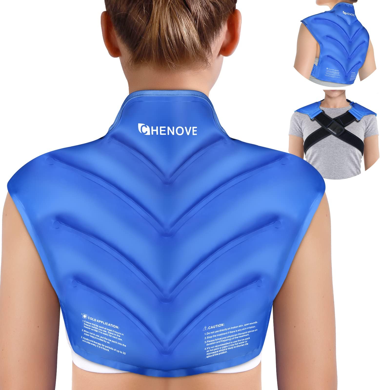 Chenove Ice Pack for Shoulders Upper Back with Strap, Neck and Shoulder Ice Pack Wrap Rotator Cuff Gel Reusable with Cold Compression Therapy, Soreness (Blue)