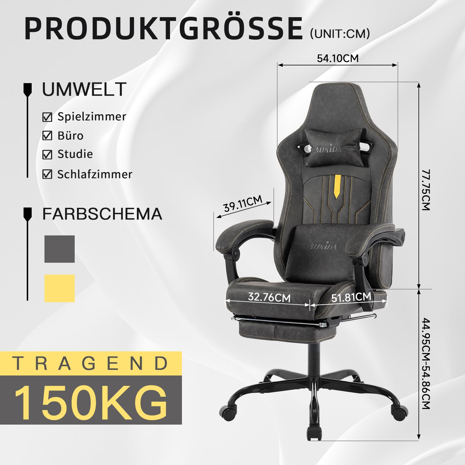 SUKIDA Gaming Stuhl Computerstuhl Ergonomischer Gaming Chair mit Fußstütze Bürostuhl Ergonomischer Computerstuhl mit Lendenwirbelstütze Grey
