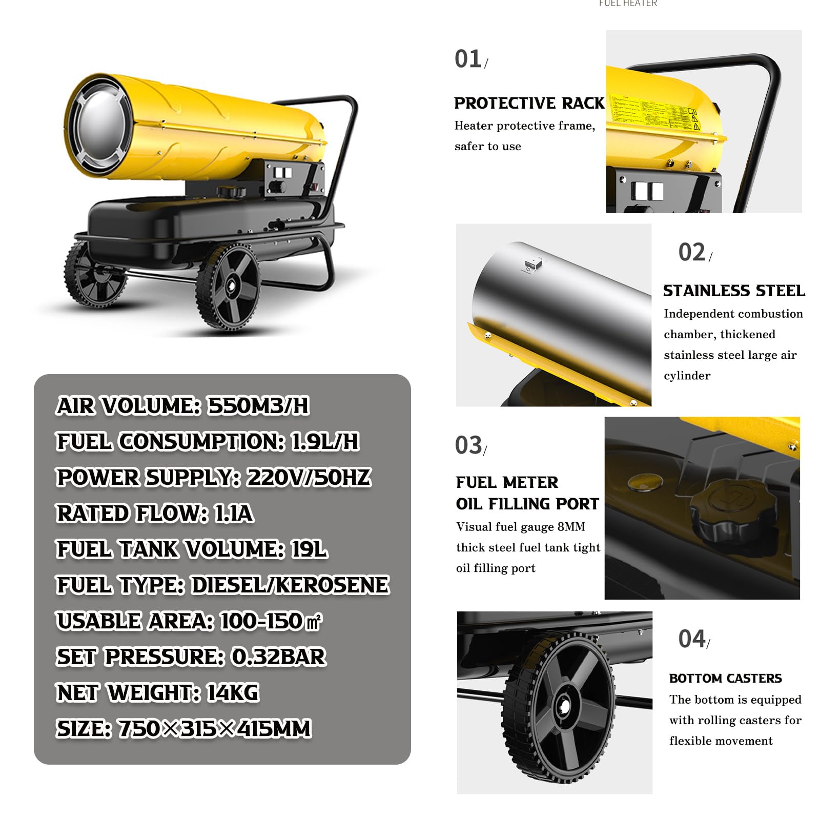 Calefactor Gasoil Directo Calentador de Aire Diesel 20kW, Cañon de Calor Gasoil, Termostato, Caudal 550m³/h Depósito 33L, Protección contra sobrecalentamiento, Parallamas, Calendador