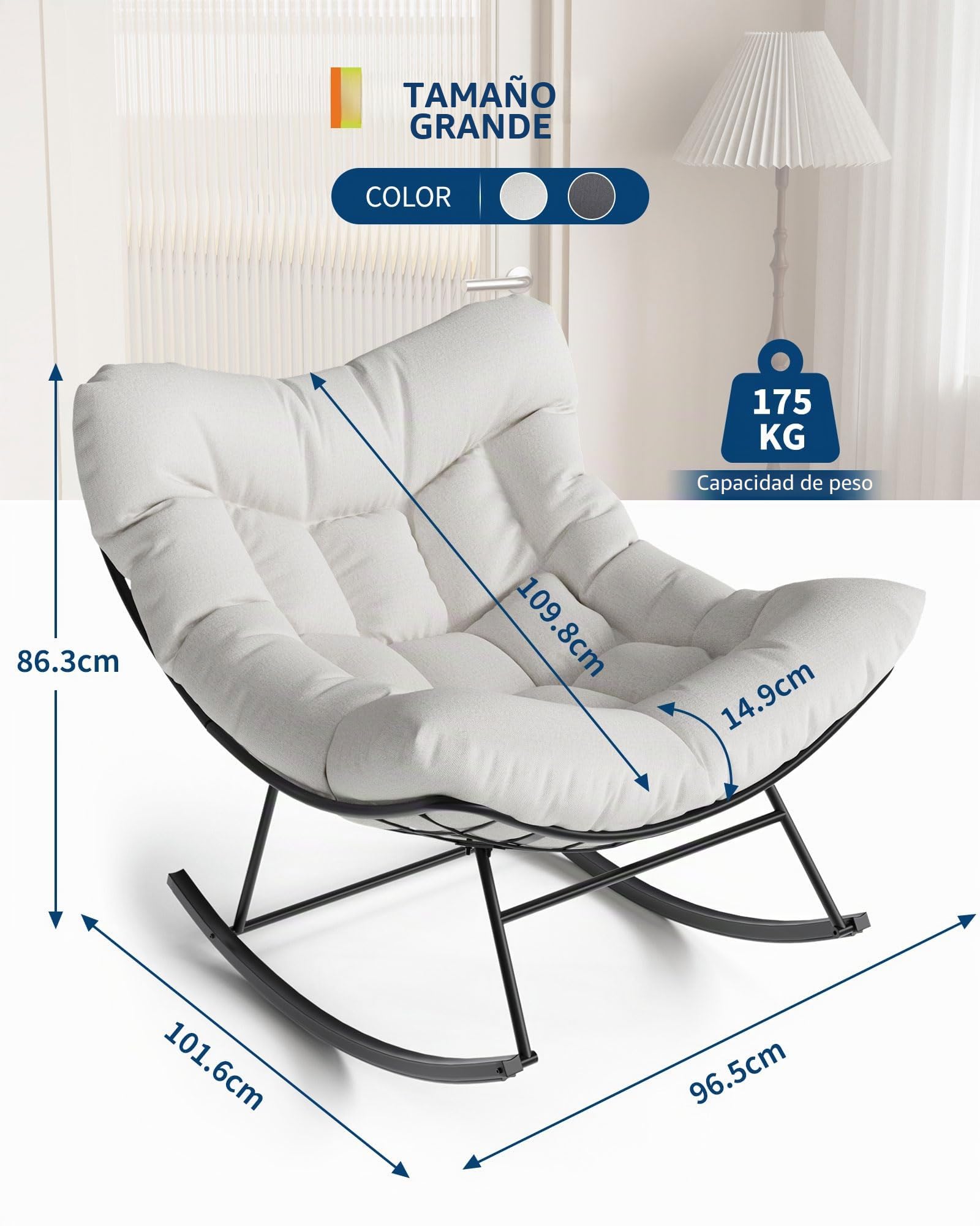 GarveeHome Mecedora de Gran tamaño, con cojín Grueso y Marco de Metal, sillón Relax para Piscina, jardín y Patio Trasero, Capacidad de Carga