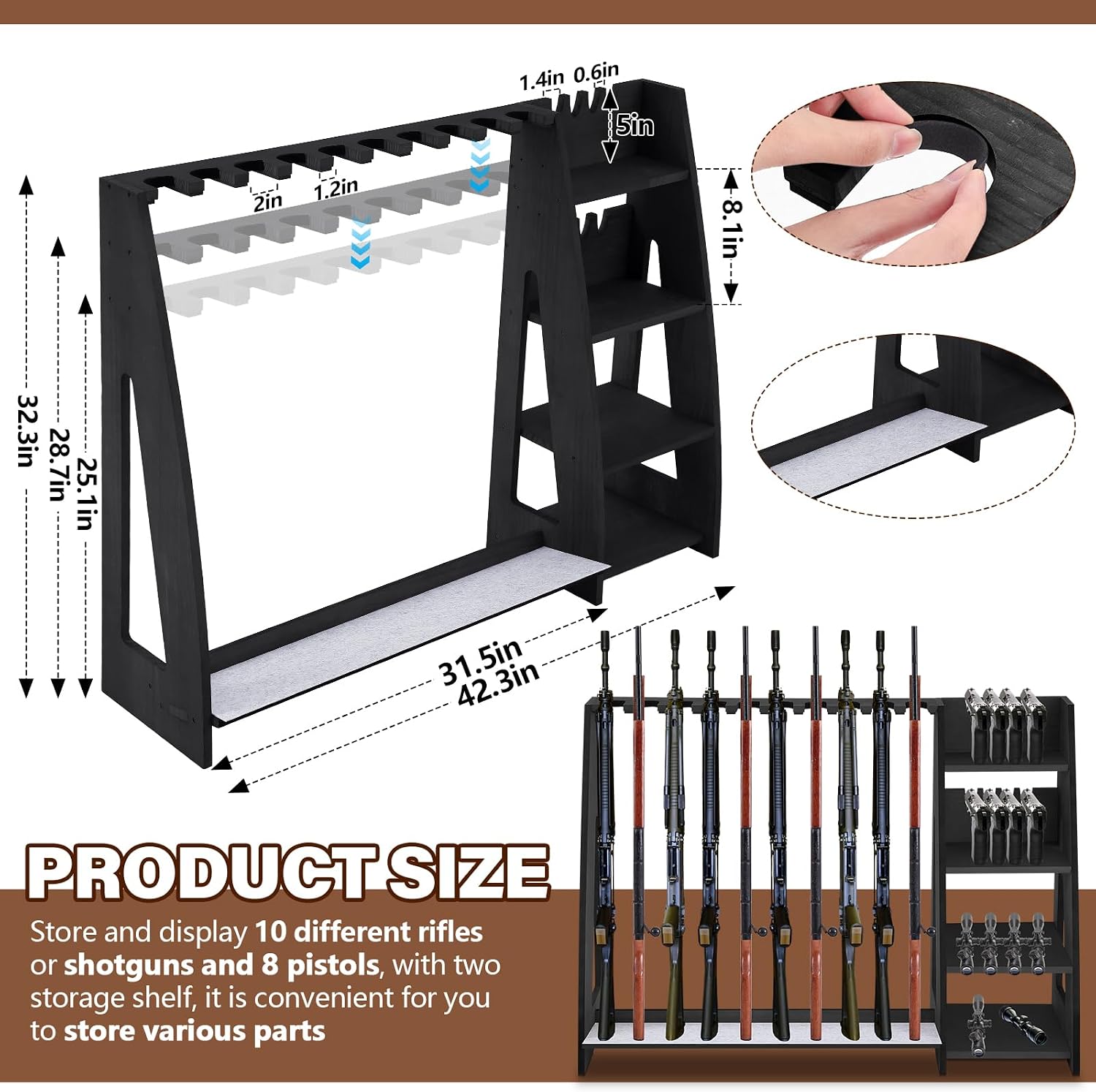 Lineshading Wooden Gun Rack with Holder, Indoor Floor Standing Rifle Rack, Gun Display Storage for Home or Garage Storage, Holds 10 Long guns and 8 handguns(Black)