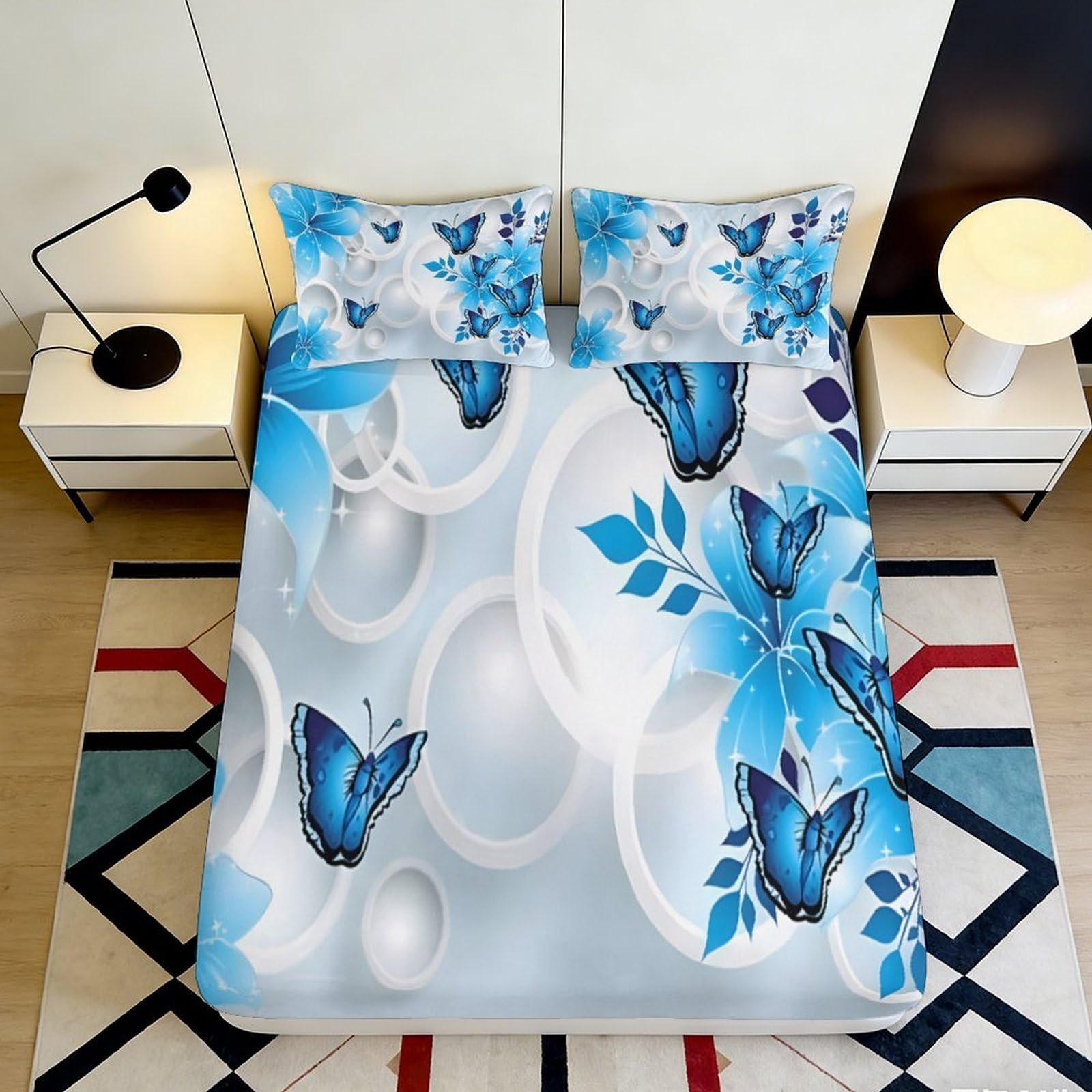 3D Printed blue butterfly Fitted Sheet with abstract pearl leaves, Microfiber soft touch, wrinkle resistant, home bedroom, apartment bedding decor, easy care, non-slip 120x200x25cm