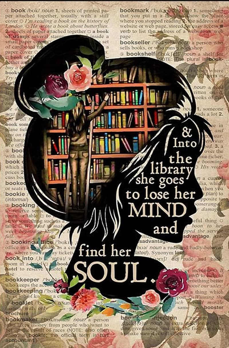 Graman Vintage Metal Tin Sign Books Into The Library Vertical Poster, Girl Love Books Vintage Wall Art, Book Lover, Book Dictionary Poster Metal Tin Sign 12X16-Inch