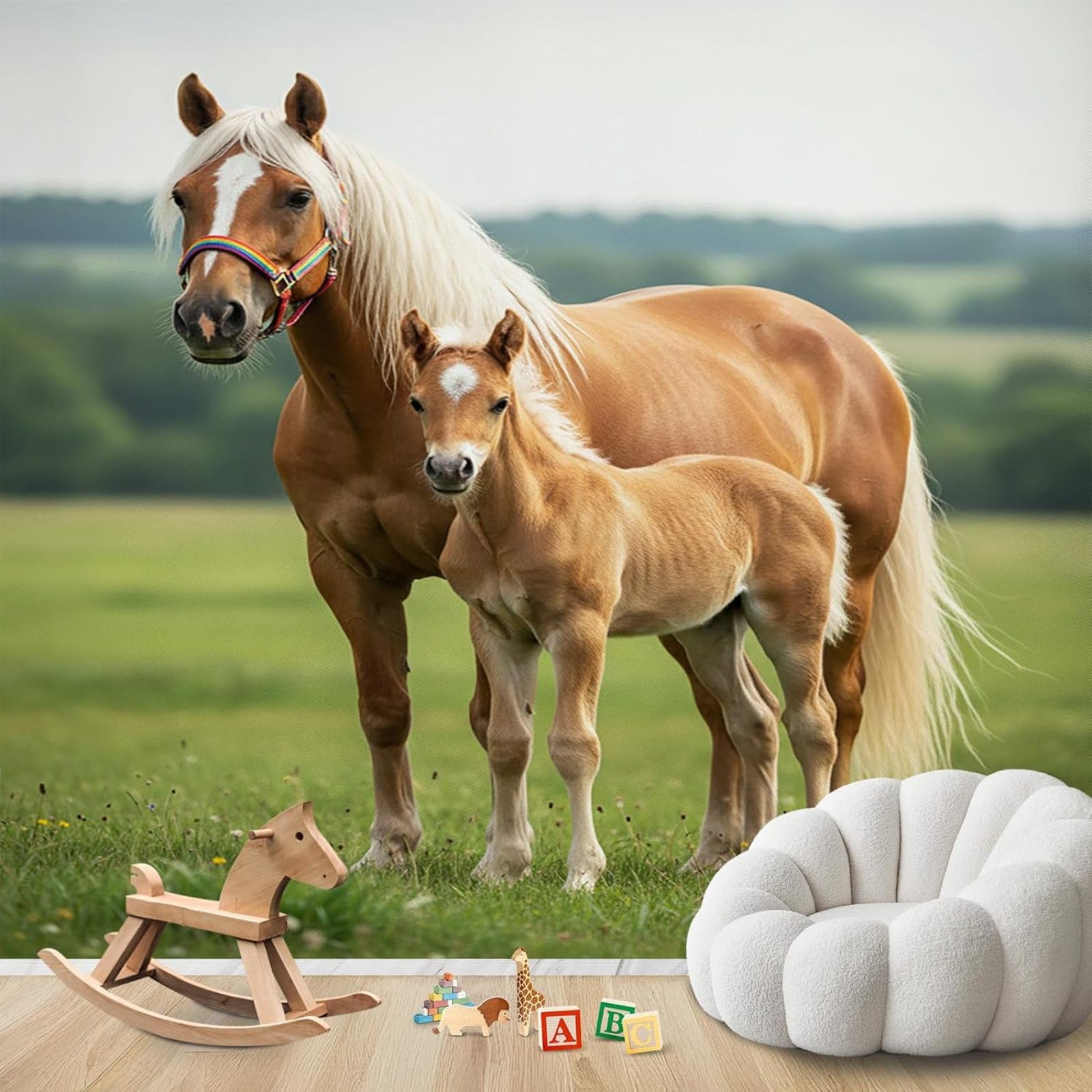Horse wallpaper, horse photo wallpaper for bedroom, non-woven wallpaper 3D farm animals living room, children's room wall wallpaper horse motif wall decoration, patterned non-woven wallpaper, 430cm x